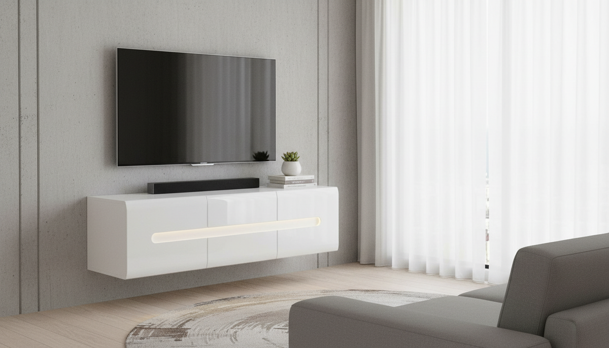 Comoda TV AZTECA TRIO, alb lucios, PAL, 150x47x43 cm