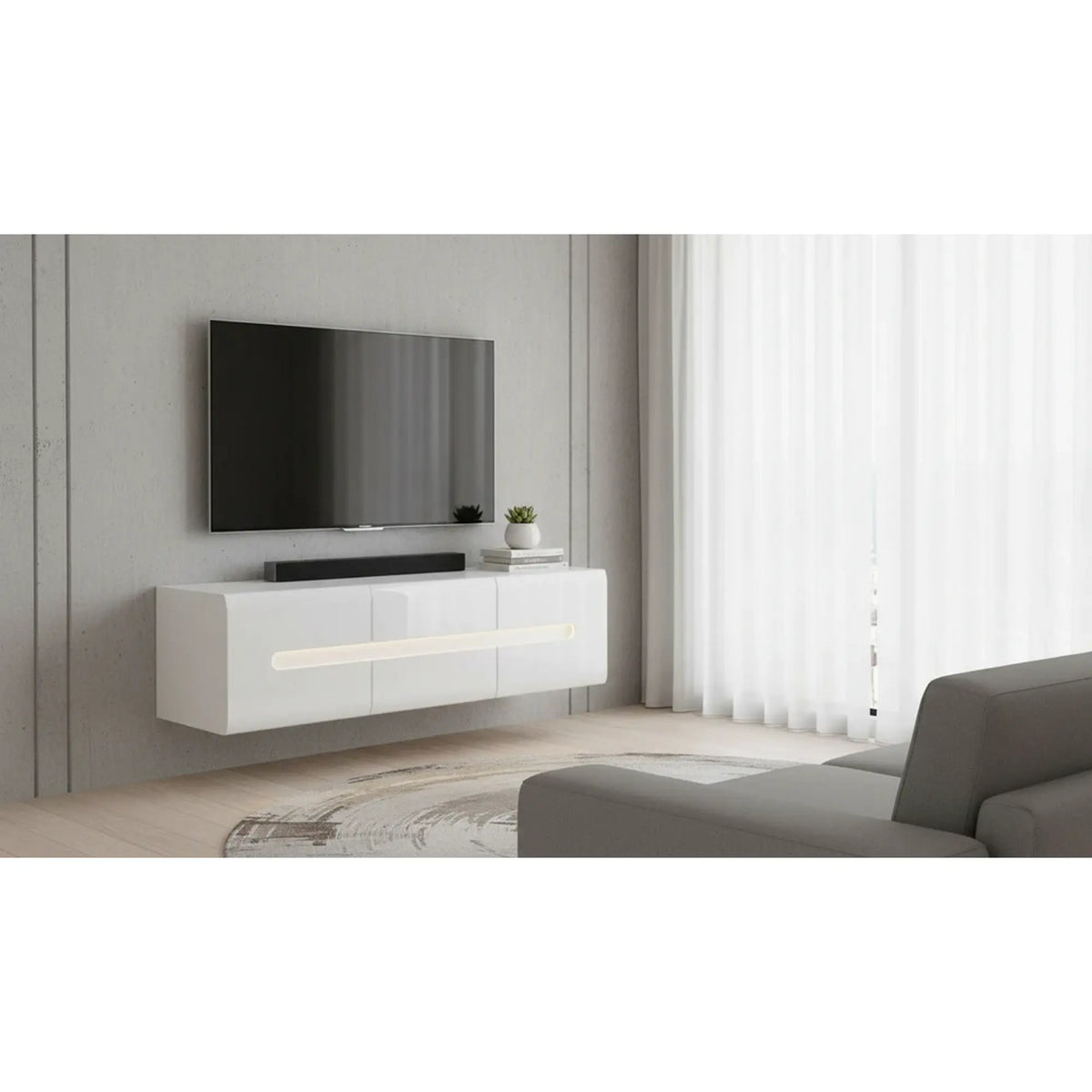 Comoda TV AZTECA TRIO, alb lucios, PAL, 150x47x43 cm