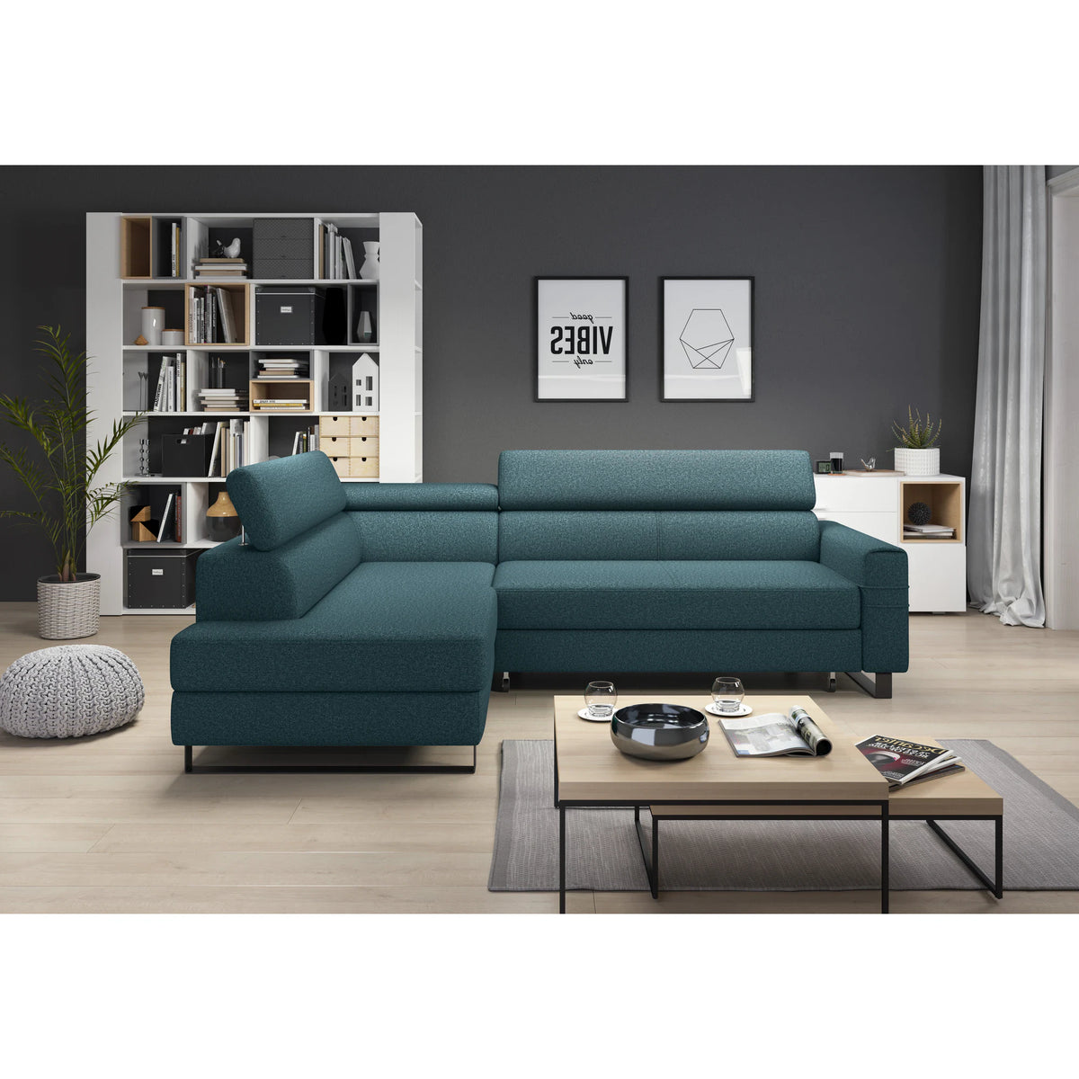 Coltar extensibil LIVIO, personalizabil materiale gama Premium, cu lada depozitare si tetiere reglabile, 249x184x90 cm