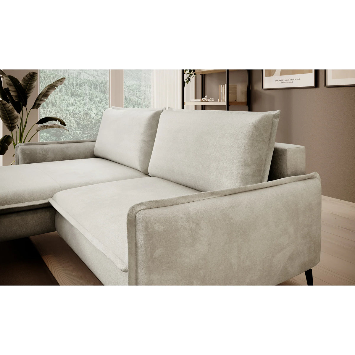 Coltar extensibil GLOSSY, sezlong stanga, stofa catifelata crem - Whisper 01, Gama Premium, cu lada depozitare, 226x162x88 cm