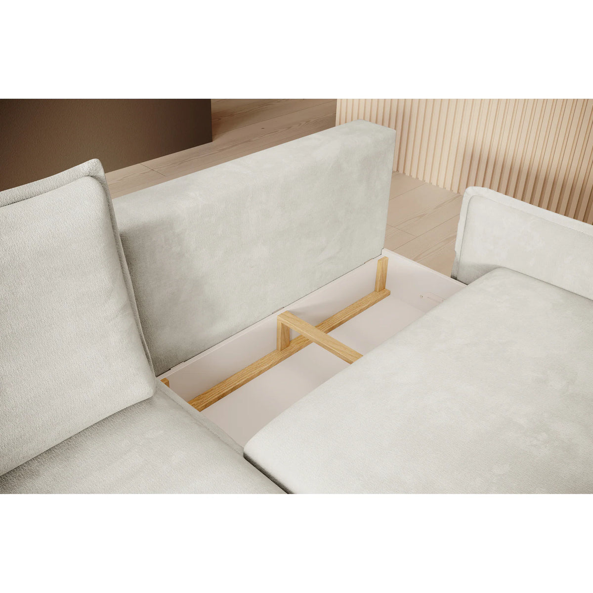 Coltar extensibil GLOSSY, sezlong stanga, stofa catifelata crem - Whisper 01, Gama Premium, cu lada depozitare, 226x162x88 cm