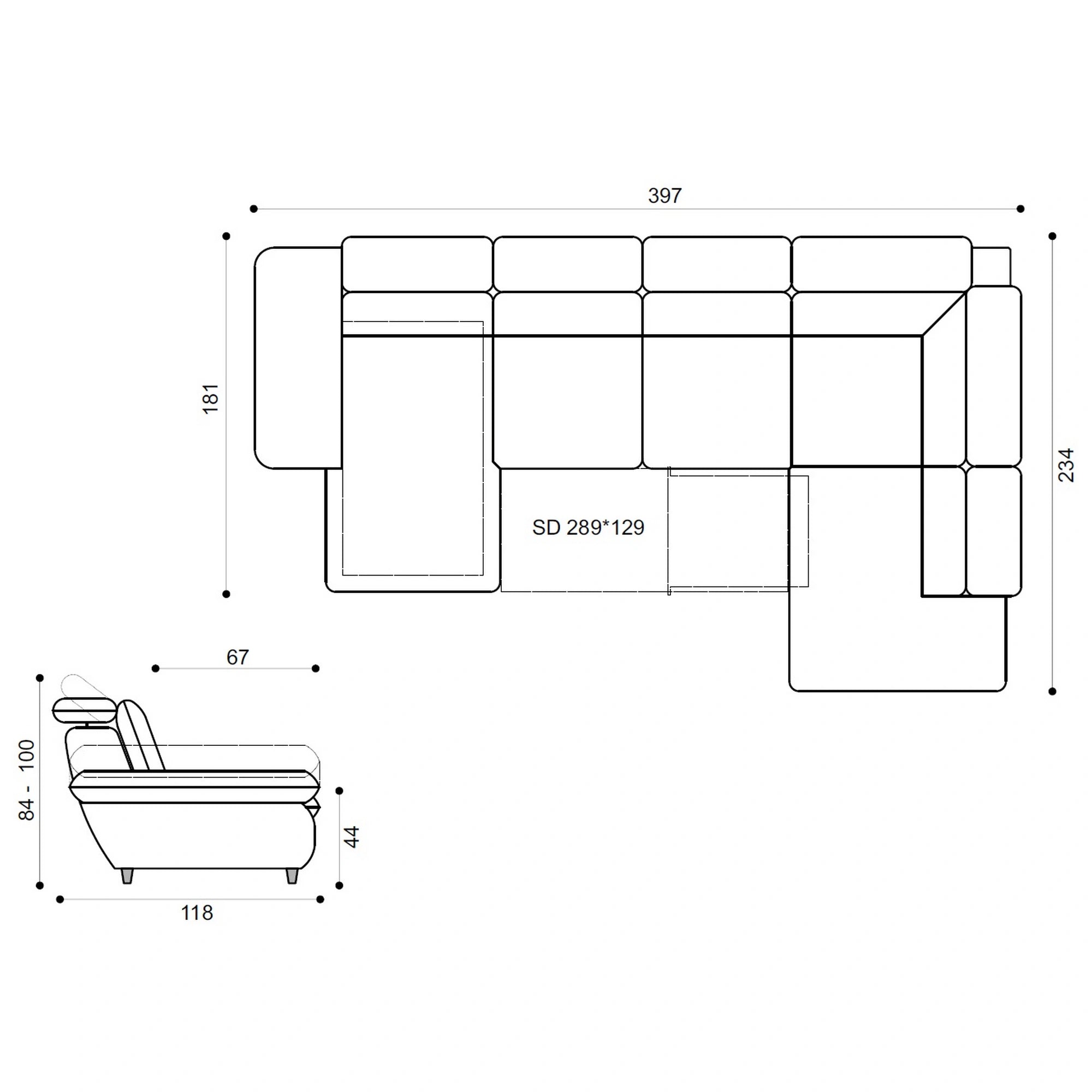 Coltar living SIENA U, sezlong stanga, stofa gri - Frisco G706, 397x234x100 cm