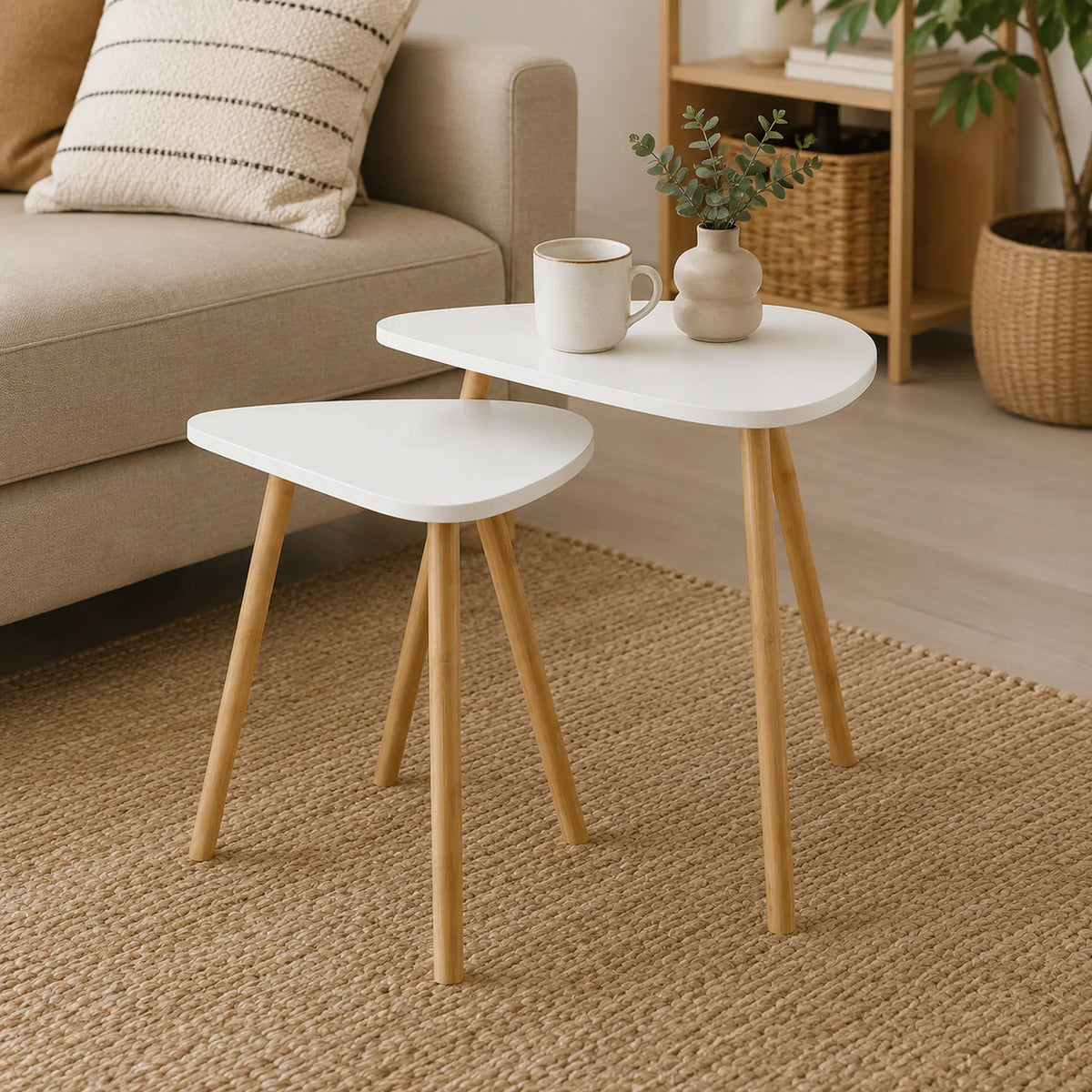Set 2 masute cafea BISMAK, alb/stejar