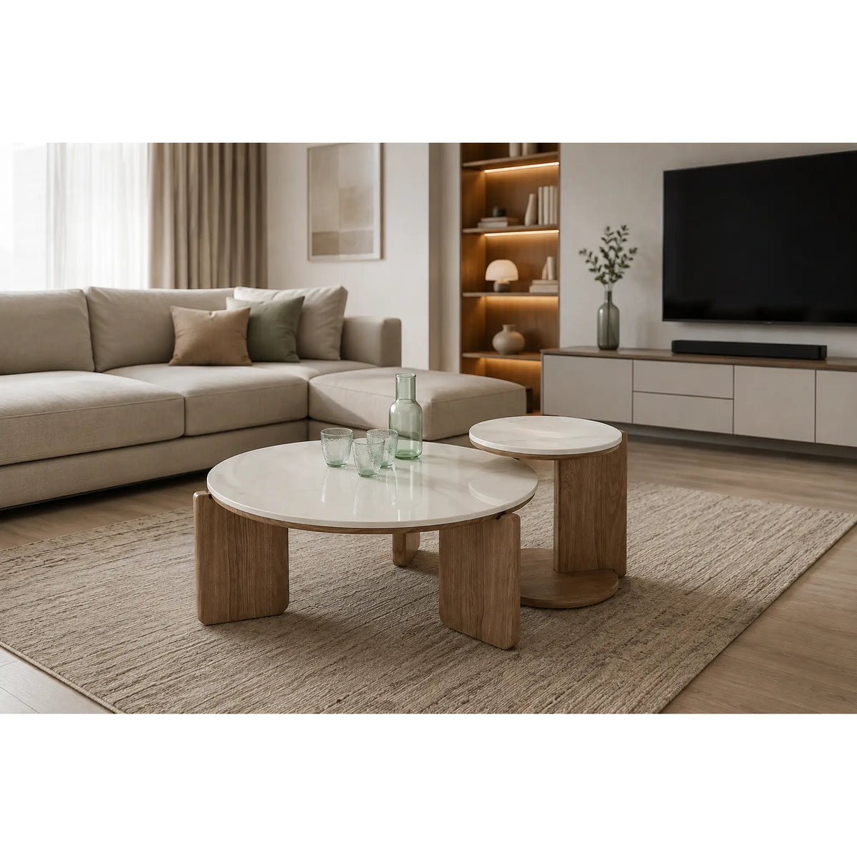 Set 2 masute cafea DIUNA, alb cu efect de marmura/nuc