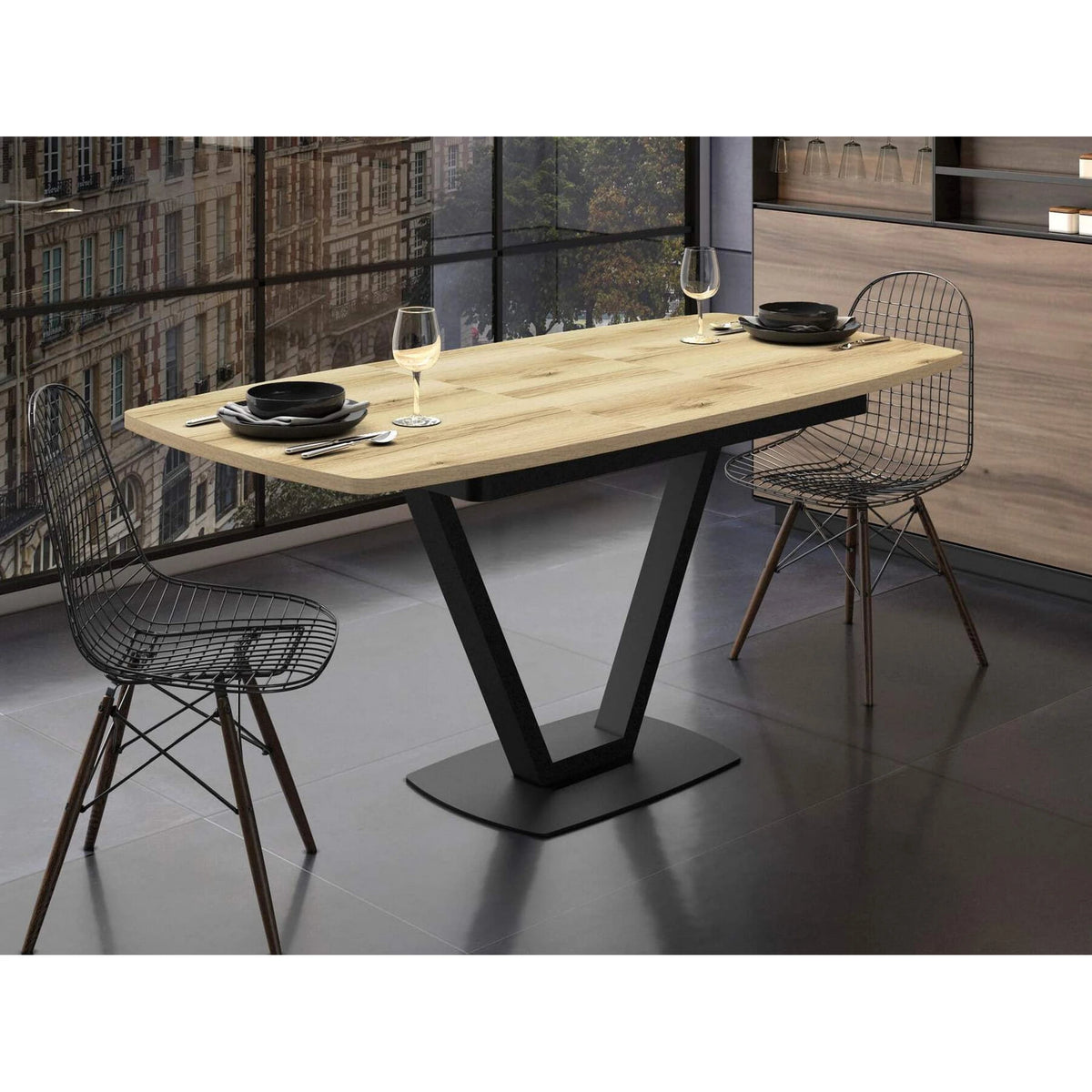 Masa extensibila NIKA, stejar/negru, ceramica/metal, 125/165x80x75 cm