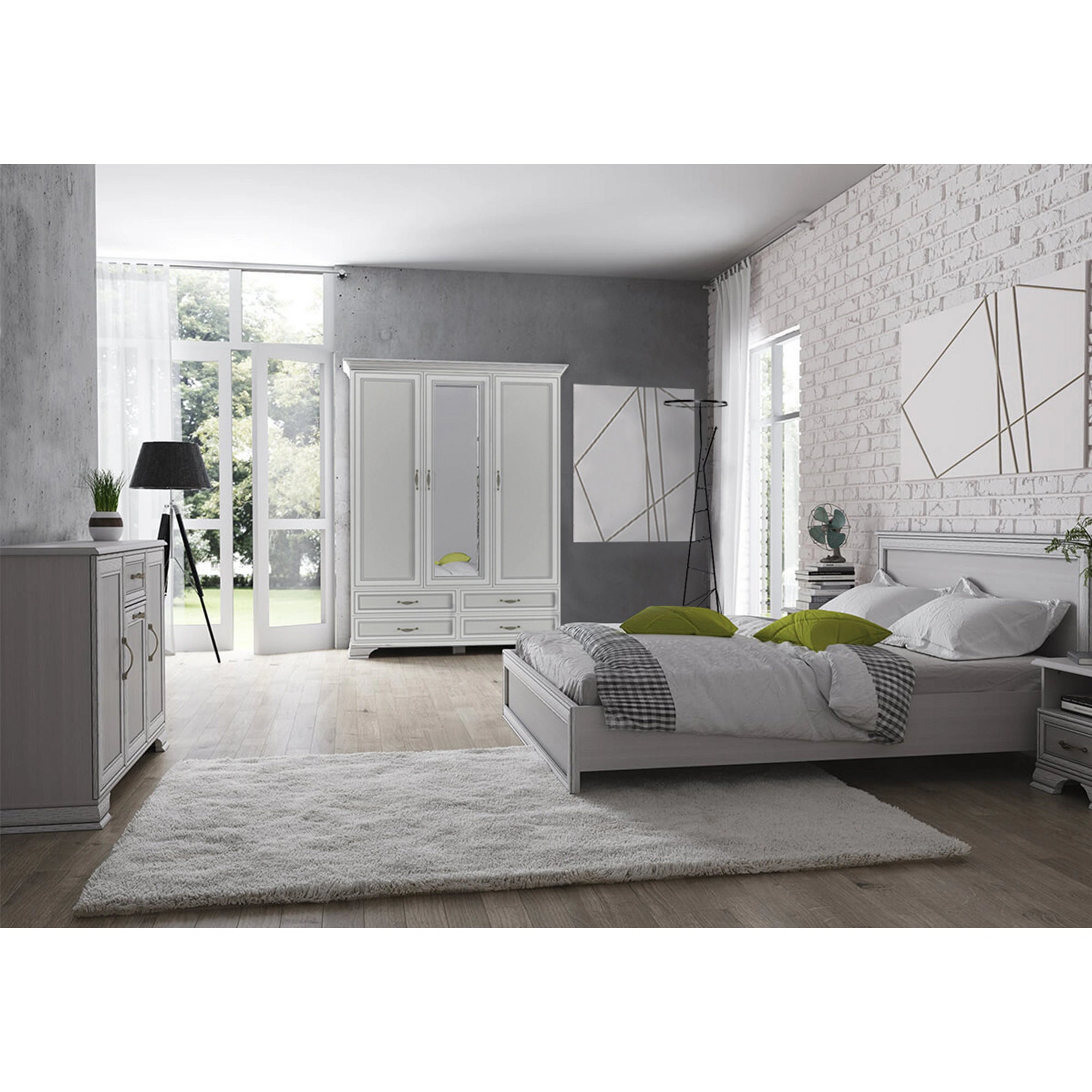 Dulap TIFFANY, crem, PAL laminat, cu 3 usi si 4 sertare, 159x63x212 cm