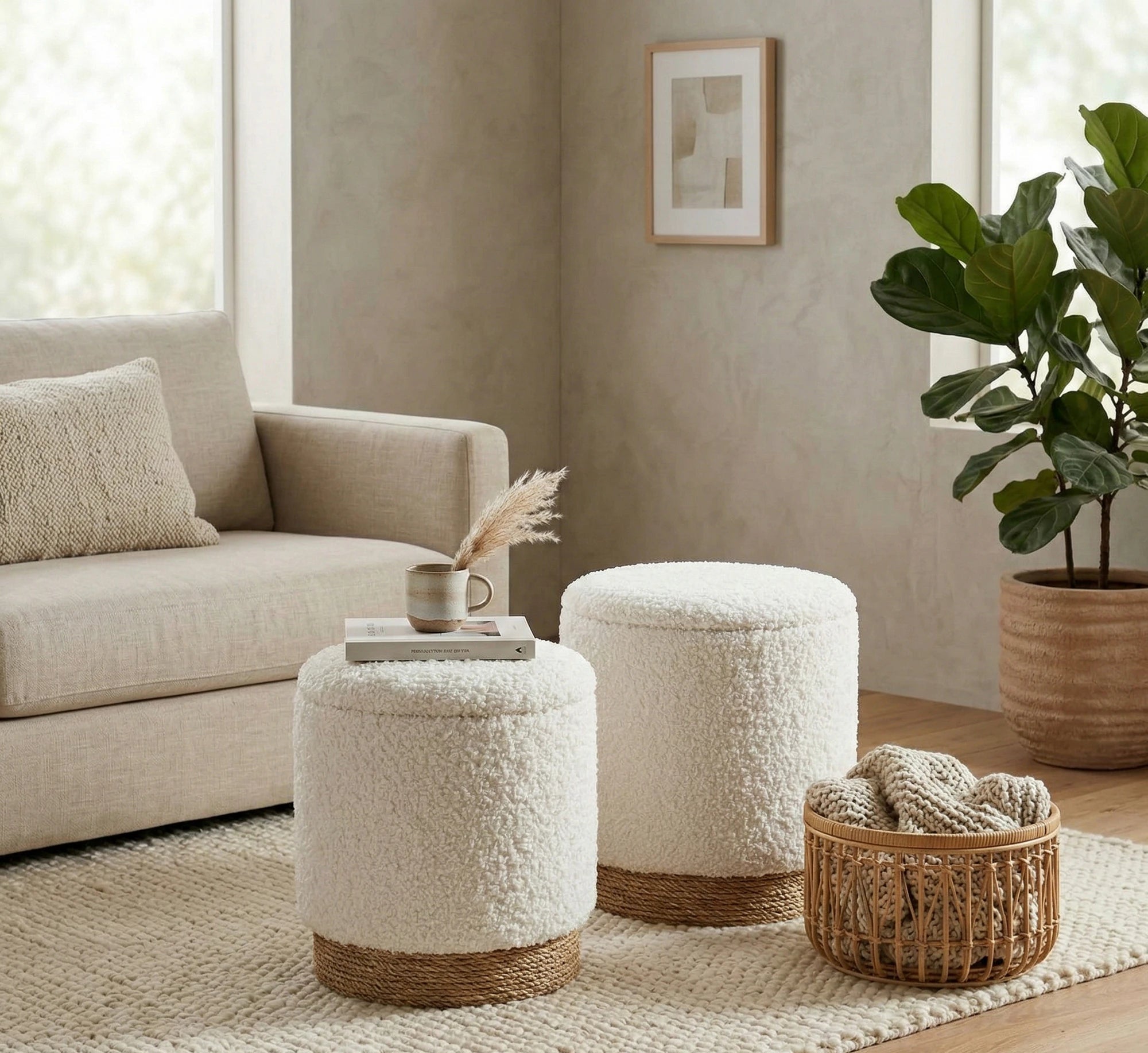 Set taburete moderne CANCUN, crem/stejar, stofa buclata/placaj indoit, cu spatiu depozitare