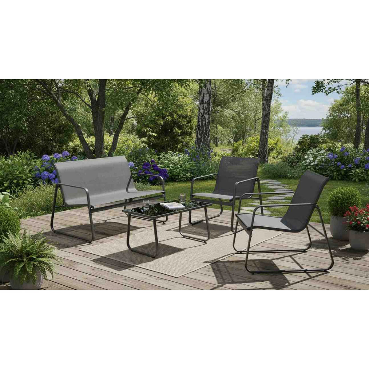Set gradina CONOR, gri, plasa/sticla/metal, cu masuta, 2 scaune si canapea