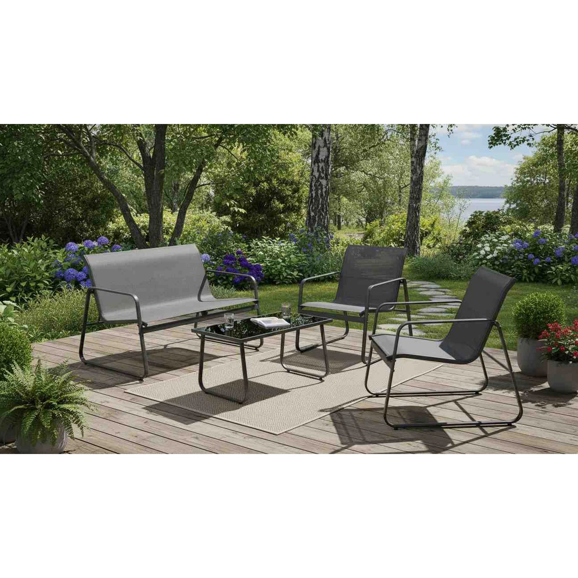 Set gradina CONOR, gri, plasa/sticla/metal, cu masuta, 2 scaune si canapea