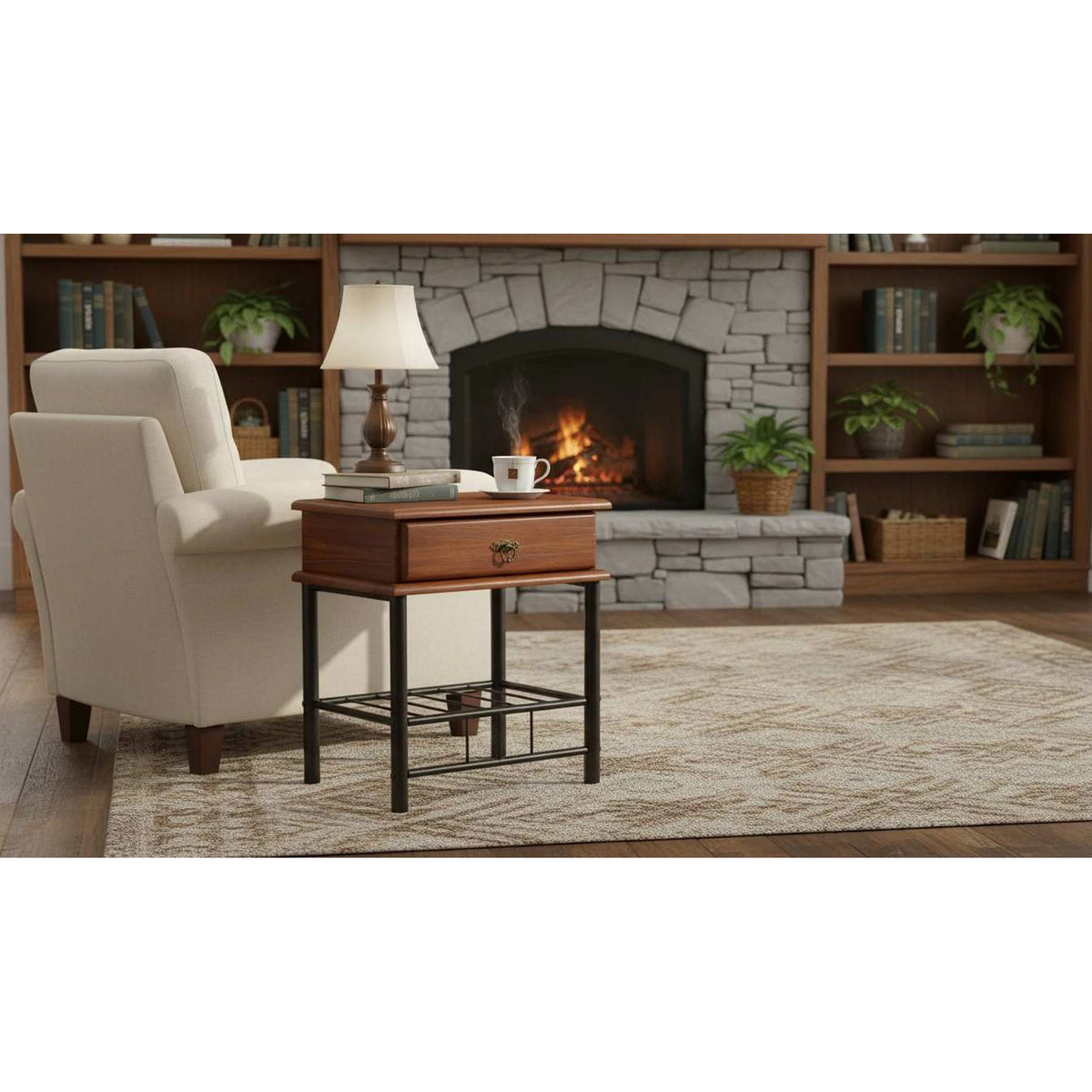 Noptiera FIONA, cires antic/negru, lemn/otel, 48x37x55 cm