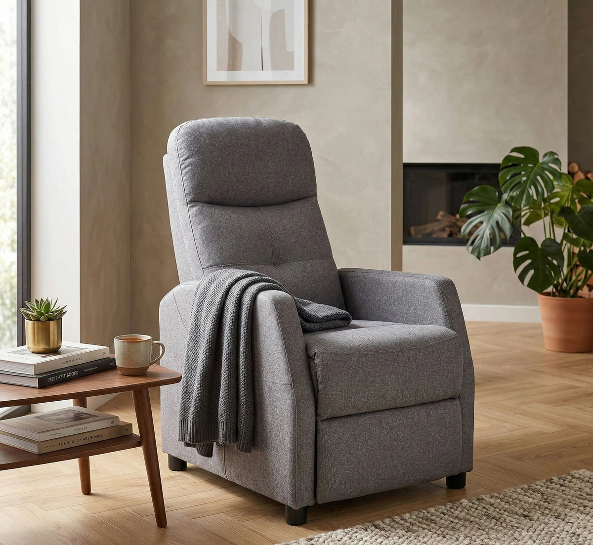 Fotoliu recliner FELIPE, gri inchis/negru, stofa/plastic, 64x84/135x76/103 cm