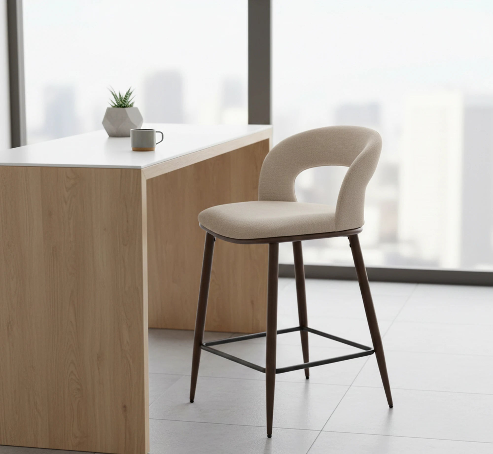 Scaun bar H114, bej/nuc, stofa clasica/otel, 48x52x92 cm