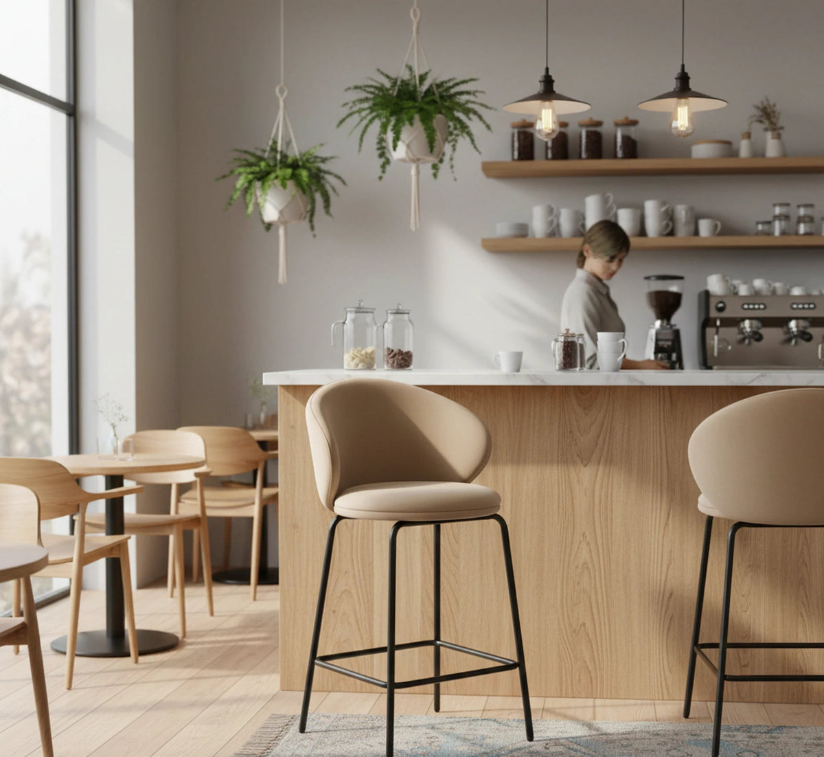 Scaun bar H121, bej - Mavel 38/negru, stofa catifelata/metal, 51x50x92 cm