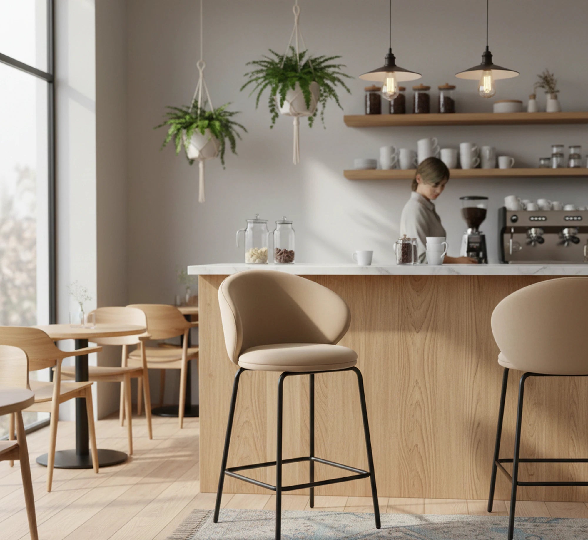 Scaun bar H121, bej - Mavel 38/negru, stofa catifelata/metal, 51x50x92 cm