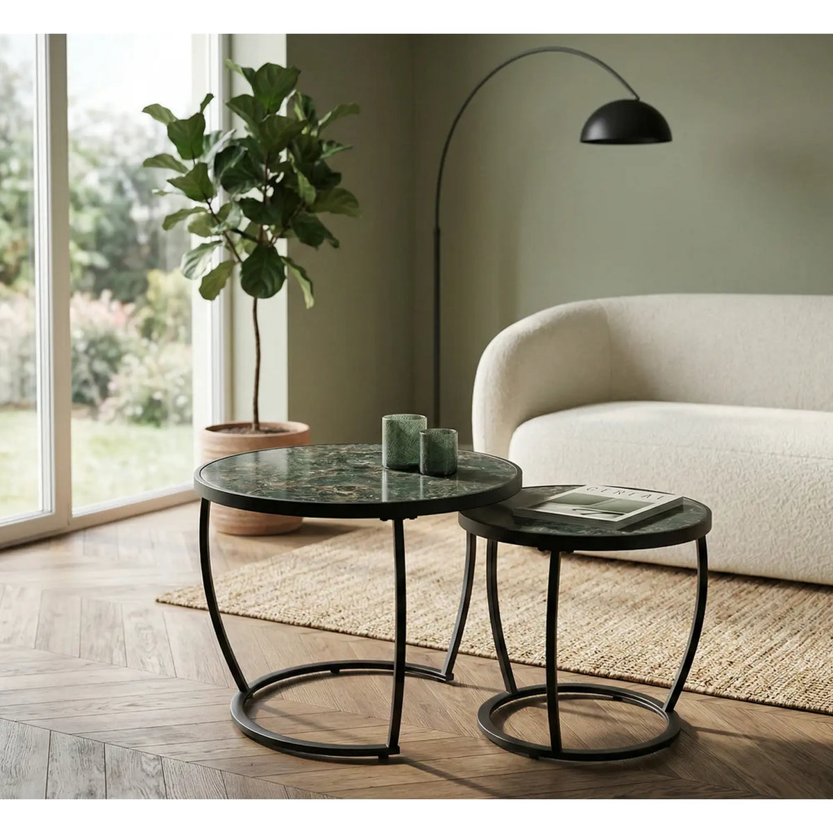 Set 2 masute cafea INES, verde cu efect de marmura/negru, ceramica/metal