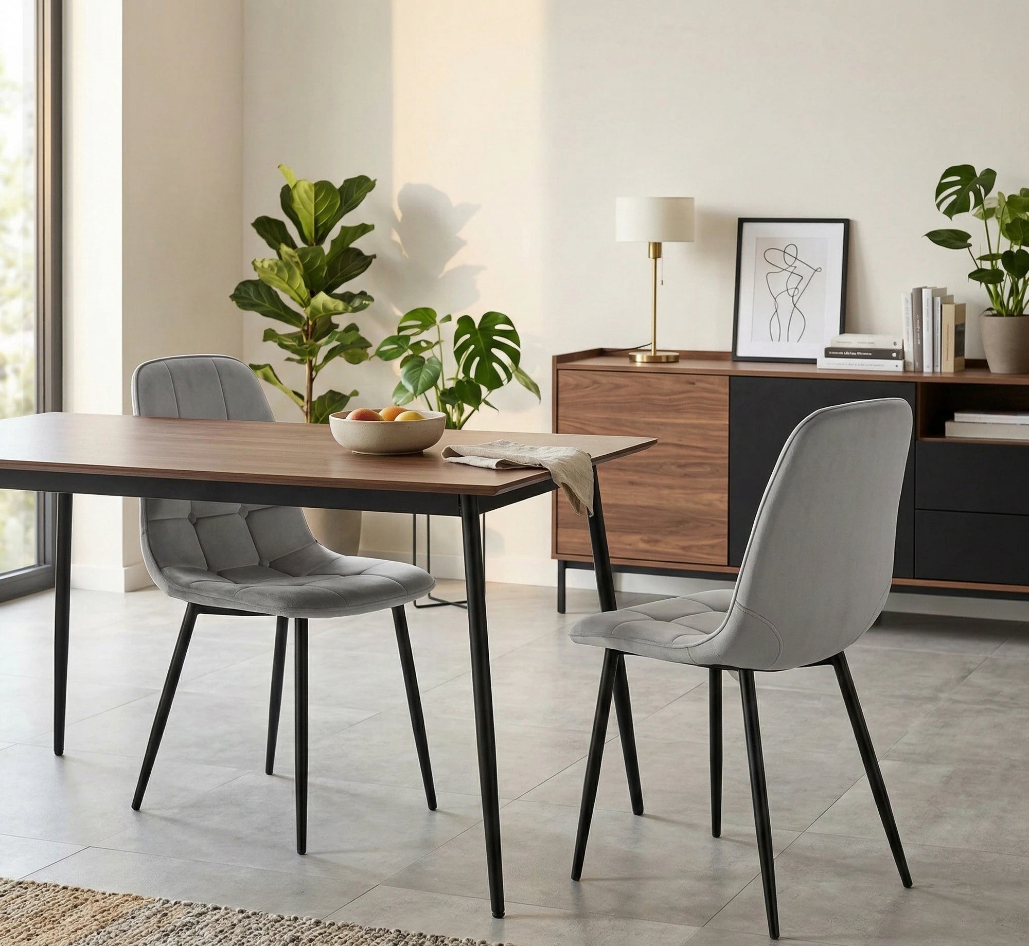 Scaun tapitat K417, gri/negru, stofa catifelata/metal, 46x56x87 cm