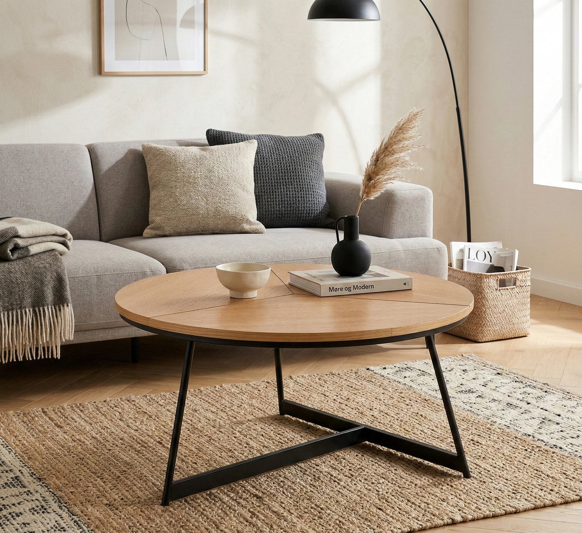 Masuta cafea KARIDA, stejar natural/negru, 80x80x41 cm