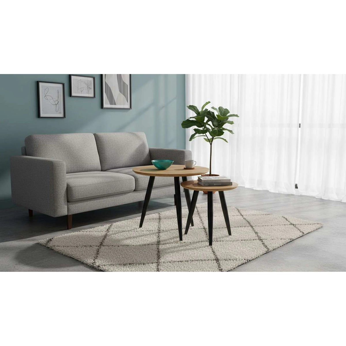 Set 2 masute cafea MENTONA 2, stejar auriu/negru