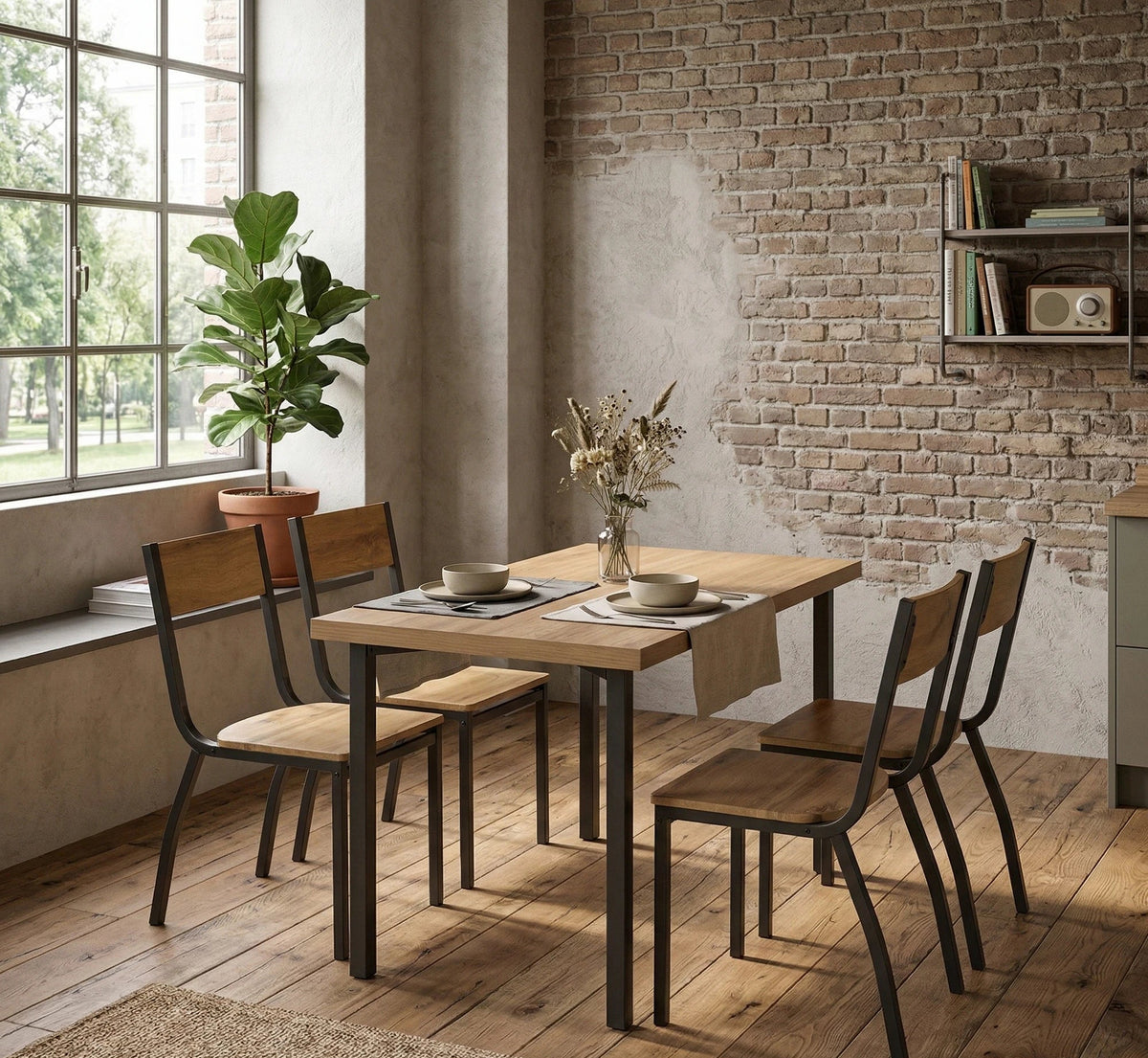Set masa cu 4 scaune MILTON, stejar/negru, PAL/metal