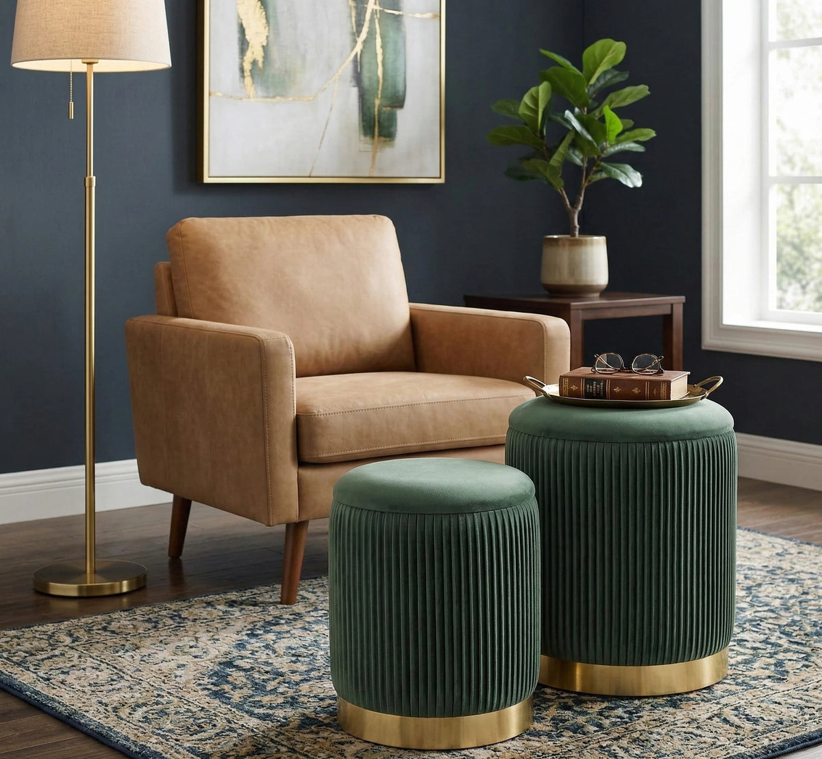 Set 2 tabureti MONTY, stofa catifelata, verde inchis, cu spatiu depozitare