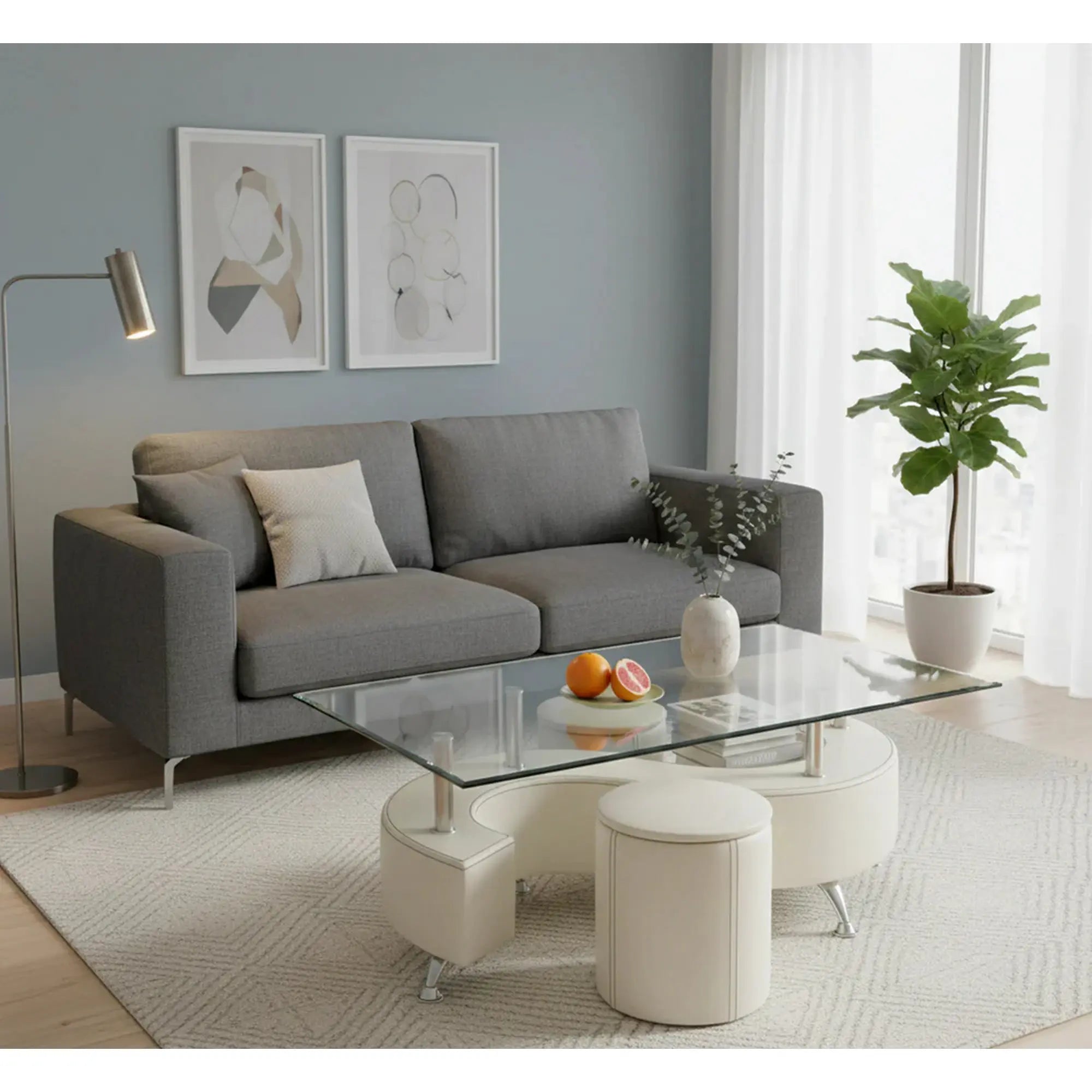 Set masuta cu 2 taburete NINA 3, alb, sticla/otel, 130x70x55 cm