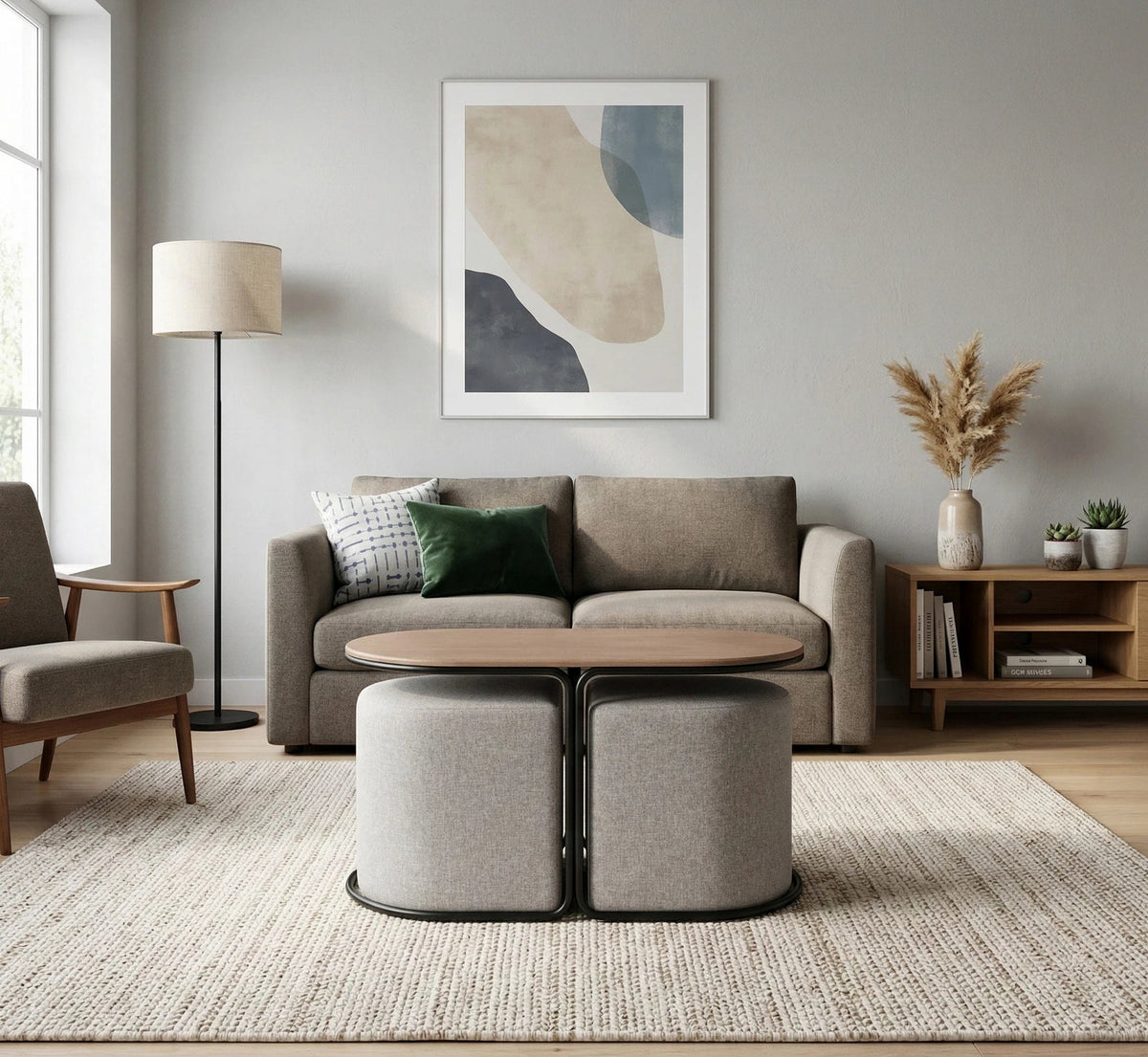 Masuta cafea cu tabureti PAMPA, nuc/gri, 88x43x49 cm