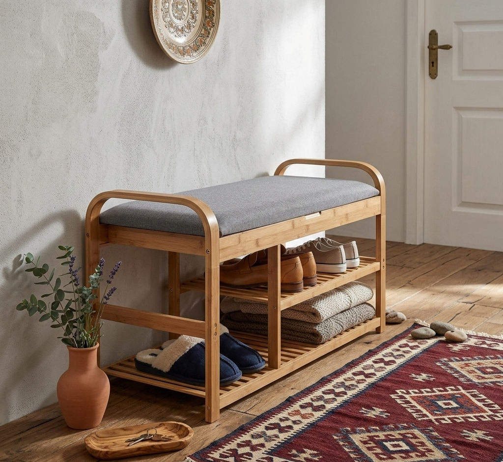 Pantofar ST12, gri/stejar natural, stofa/lemn, 60x33x50 cm