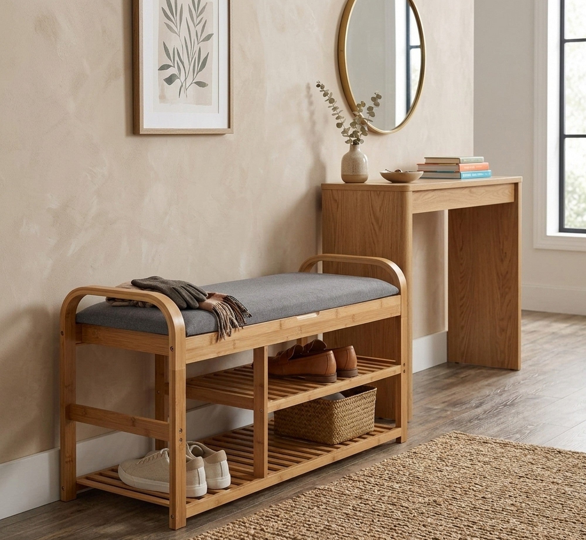 Pantofar ST13, gri/stejar natural, stofa/lemn de bambus, 100x33x50 cm