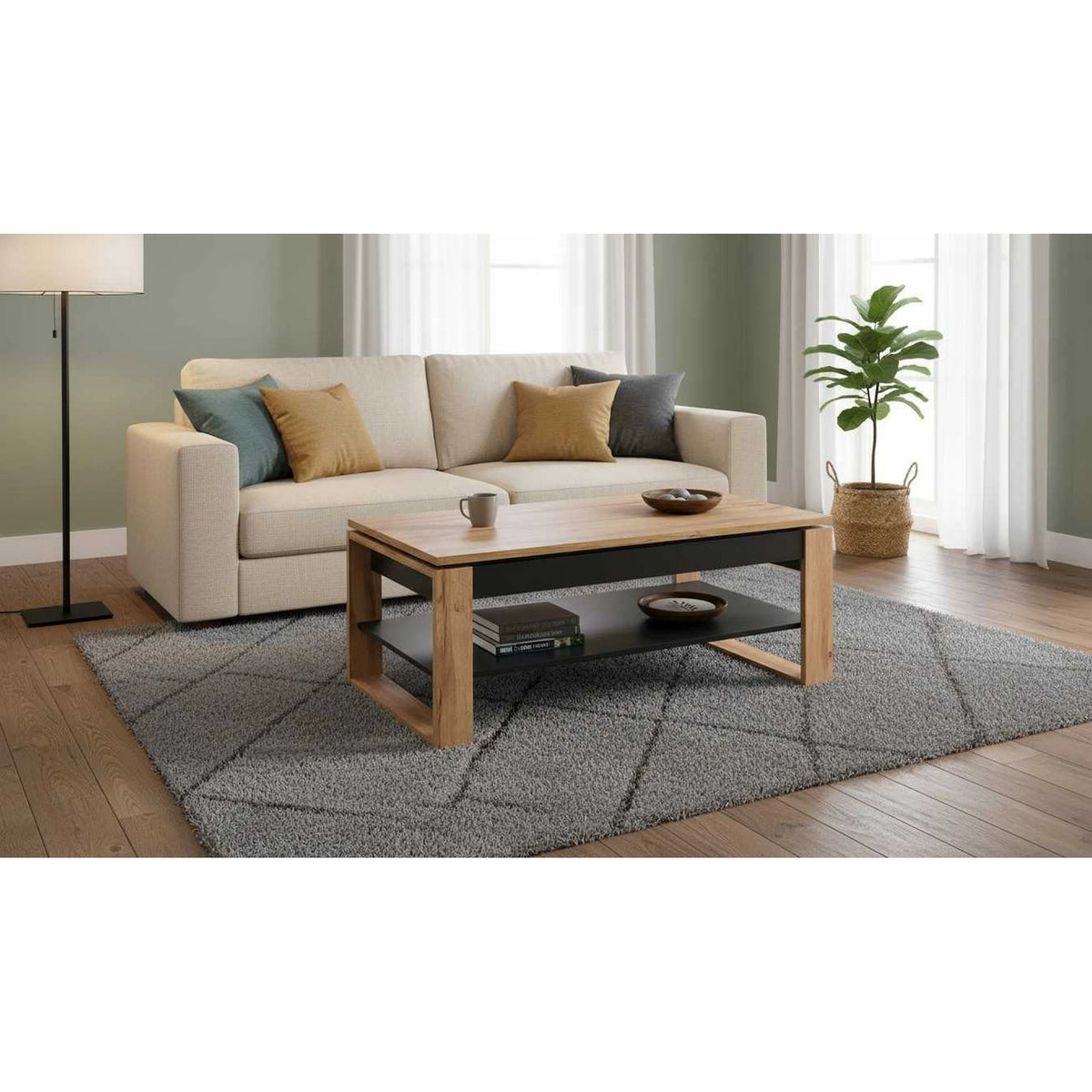Masuta cafea BETTY, stejar artisan/negru, PAL laminat, 120x65/92x50/72 cm