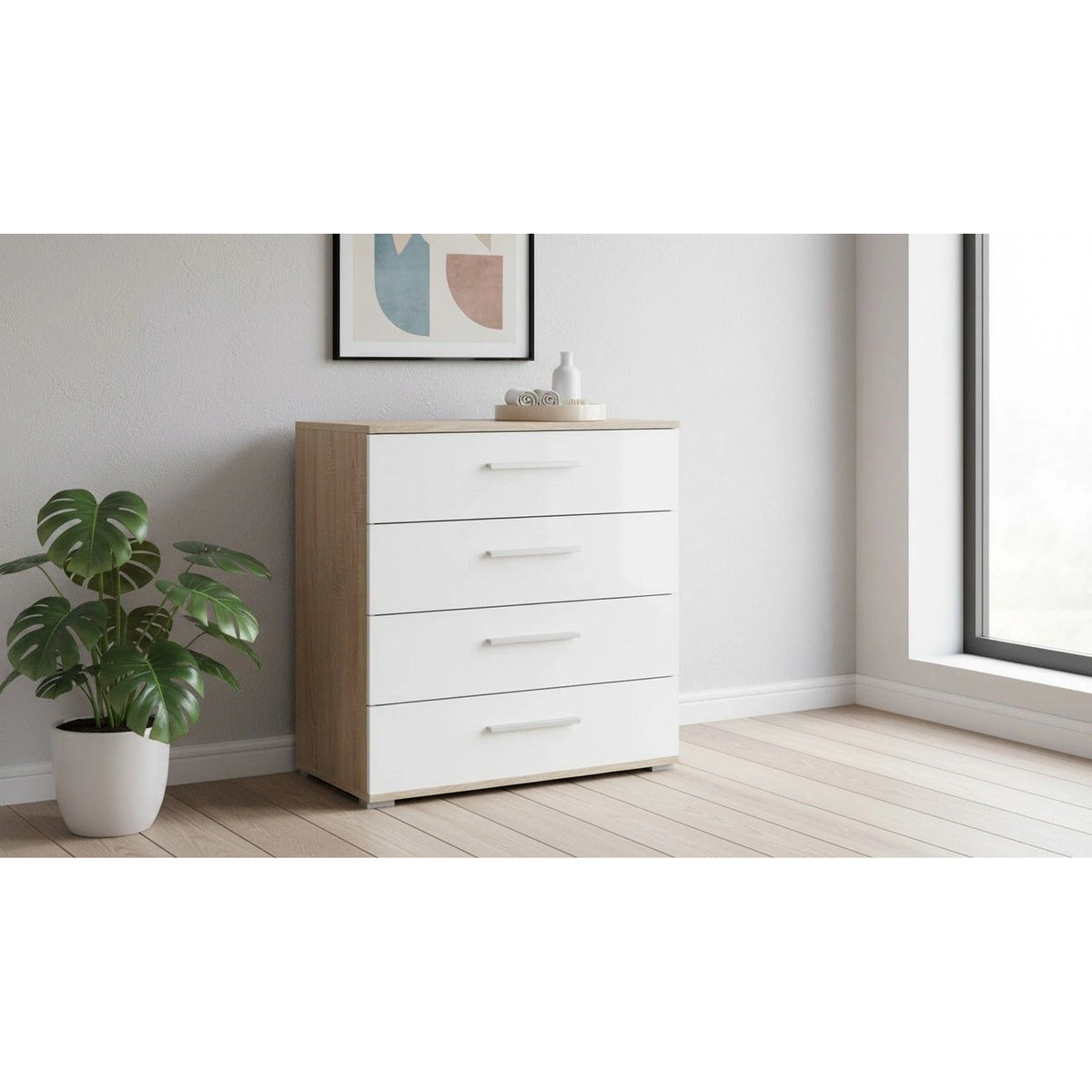Comoda LIMA KM3, alb/stejar sonoma, PAL, 77x40x82 cm