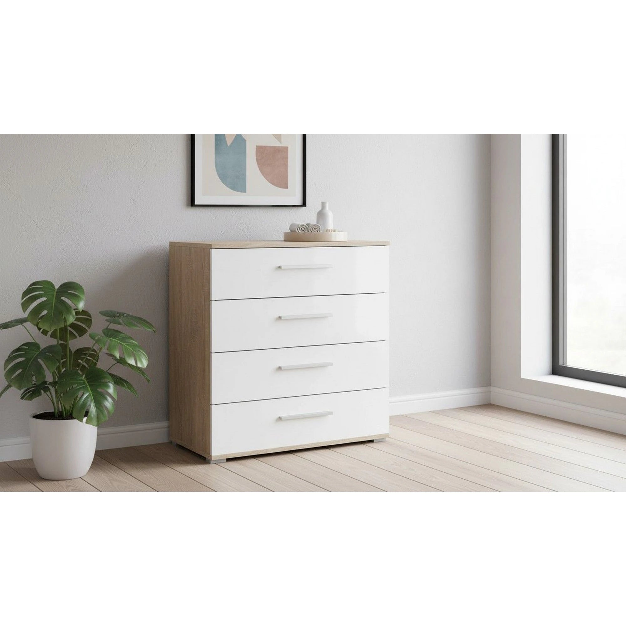 Comoda LIMA KM3, alb/stejar sonoma, PAL, 77x40x82 cm