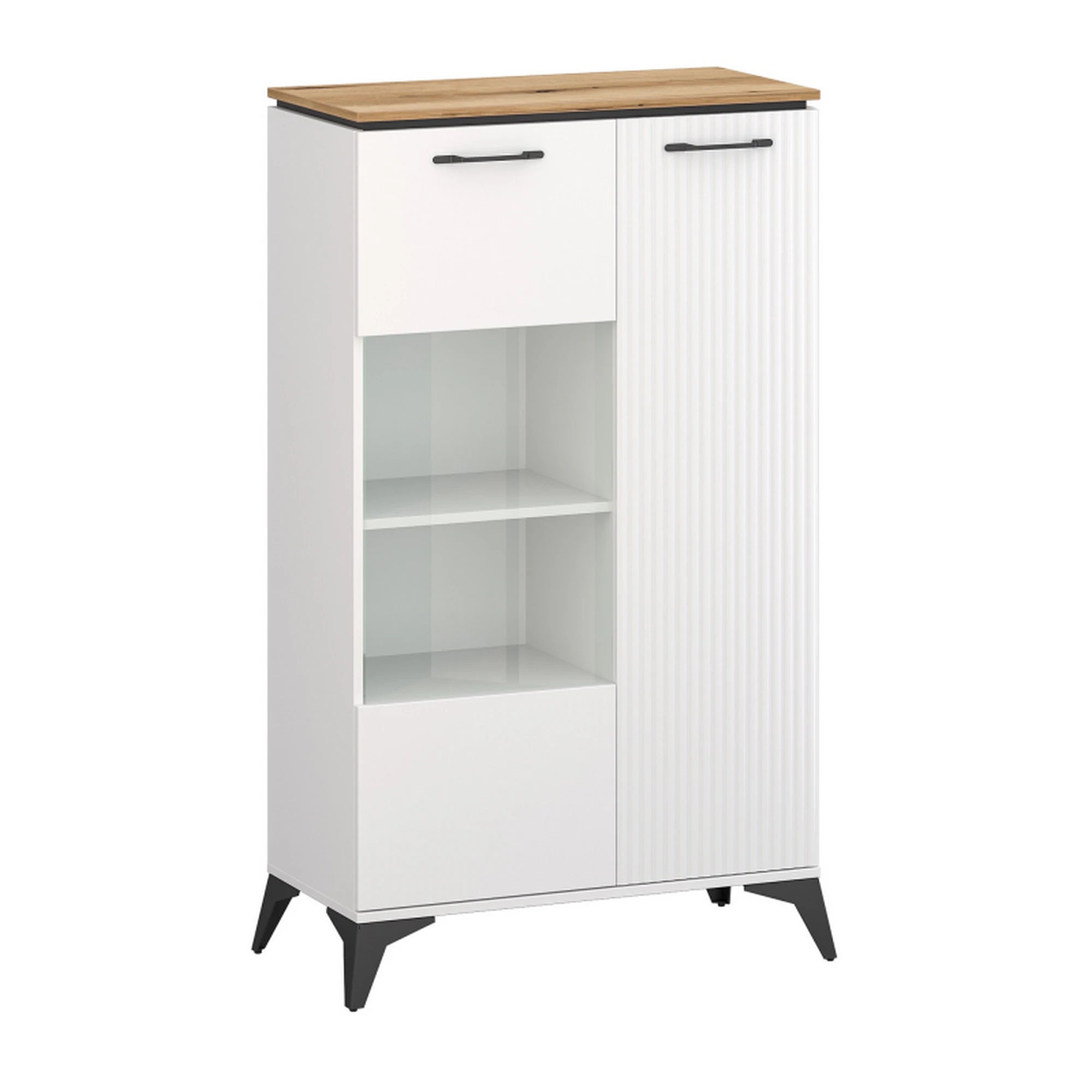 Vitrina VELUTTO, alb/stejar, PAL, cu iluminare LED, 86x44x142 cm