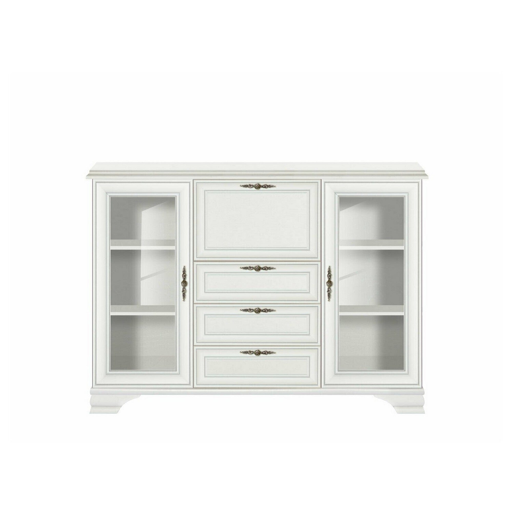 Vitrina living clasica IDENTO, alb, PAL/MDF/sticla/metal, 155x45x110 cm