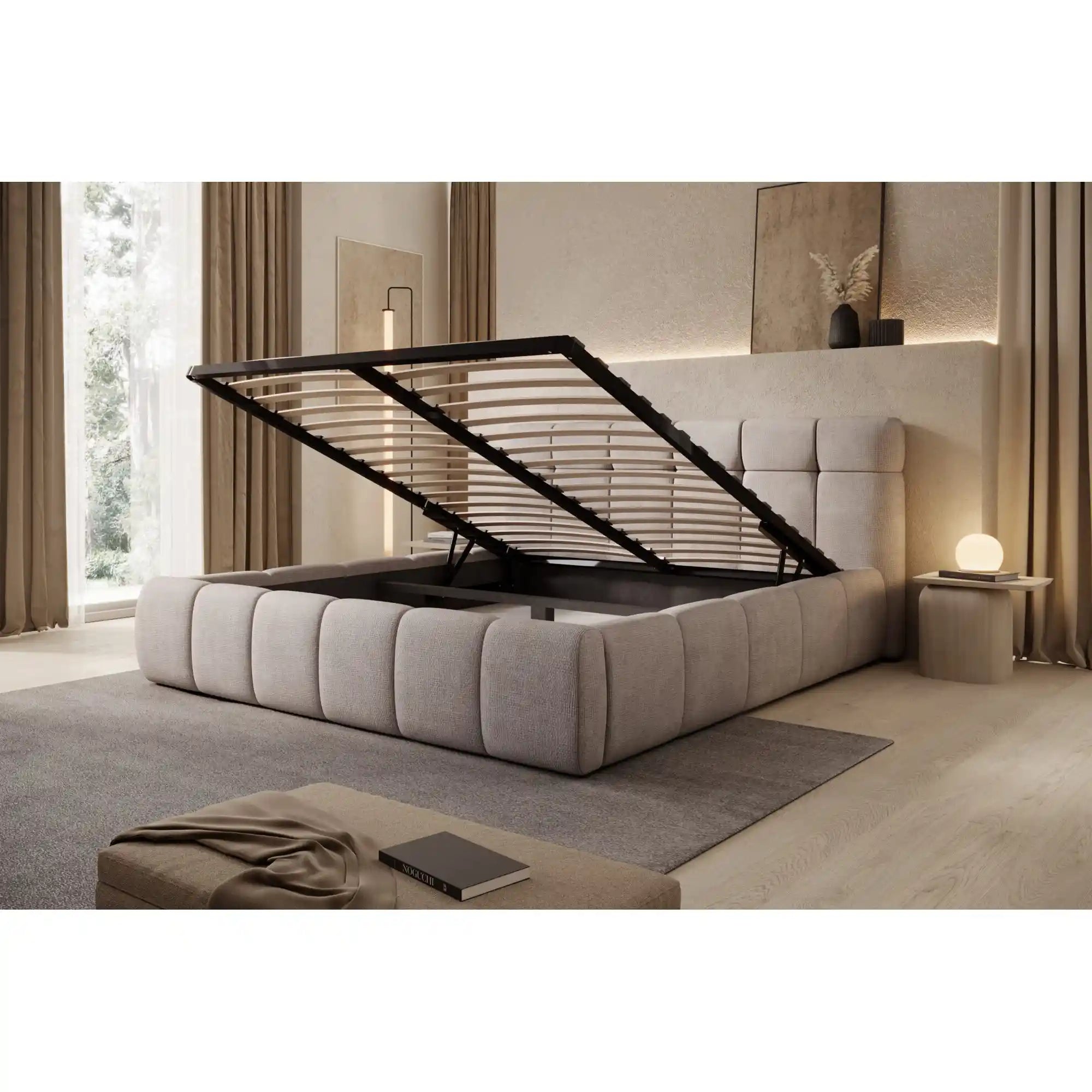 Pat MELISSA 140x200, personalizabil materiale Gama Premium, cu spatiu depozitare, somiera metalica si pistoane