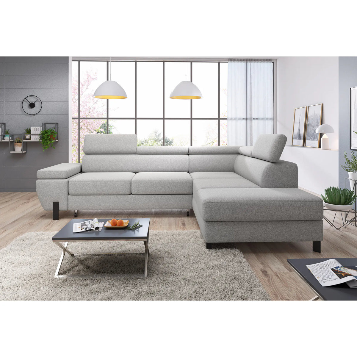 Coltar extensibil MOLINA L, personalizabil materiale gama Oferta Avantaj, cu lada depozitare si tetiere reglabile, 263x210x90 cm