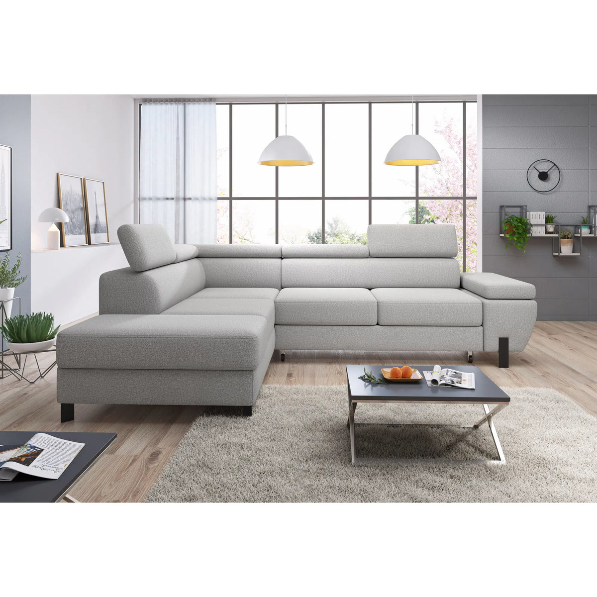 Coltar extensibil MOLINA L, personalizabil materiale gama Oferta Avantaj, cu lada depozitare si tetiere reglabile, 263x210x90 cm