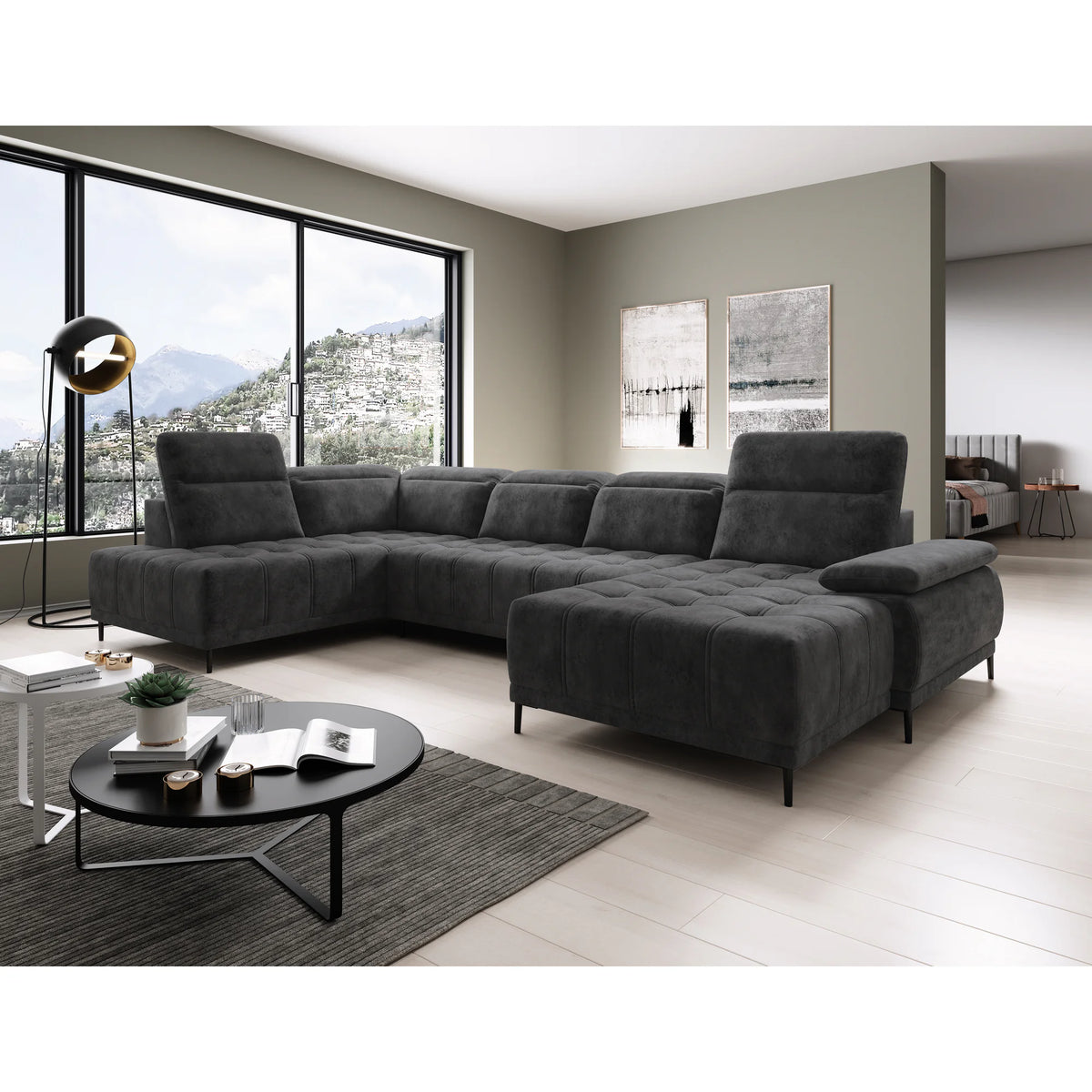 Coltar FOCUS XL, personalizabil materiale gama Premium, cu reglaj electric si tetiere reglabile, 352x204x98 cm