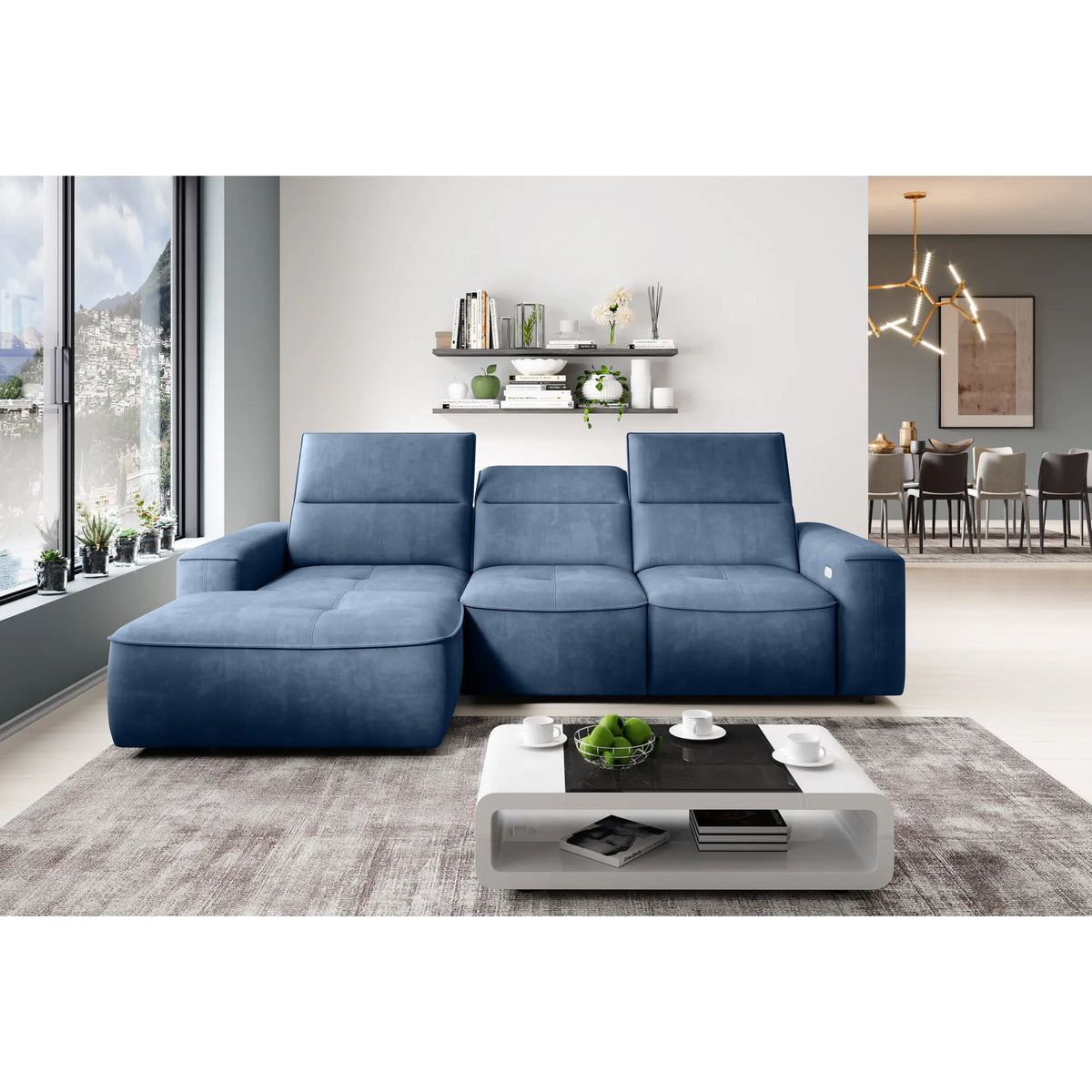 Coltar COLOMBO MINI, sezlong stanga, stofa catifelata bej - Whisper 03, Gama Premium, cu reglaj electric, tetiere reglabile si lada depozitare, 275x182x103 cm