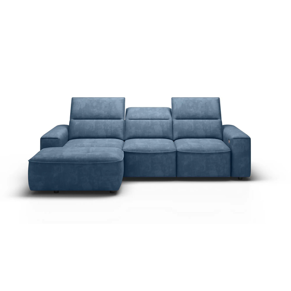 Coltar COLOMBO MINI, sezlong stanga, stofa catifelata maro deschis - Palladium 4, Gama Premium, cu reglaj electric, tetiere reglabile si lada depozitare, 275x182x103 cm