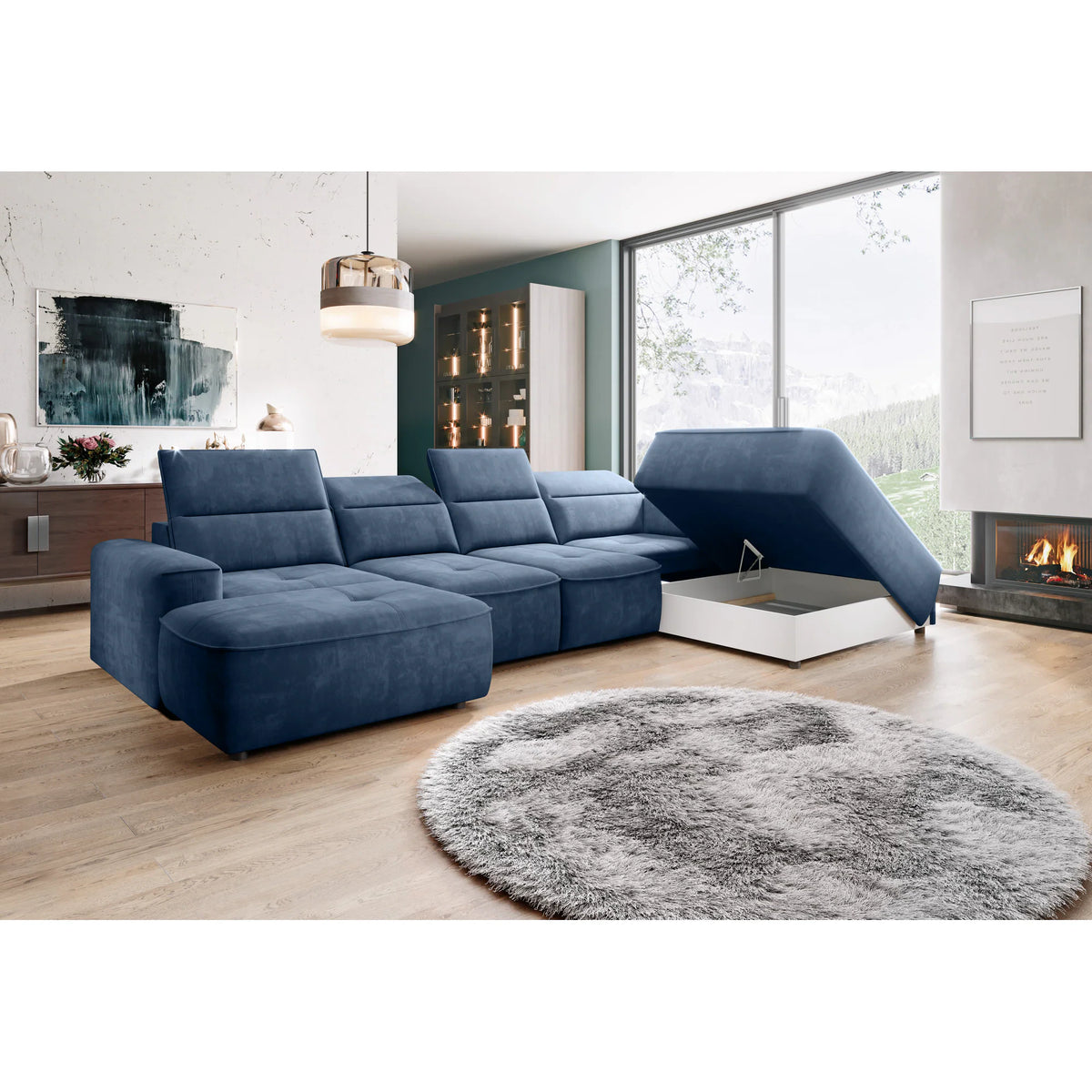 Coltar living in forma de U COLOMBO XL, sezlong dreapta, stofa catifelata gri - Salvador 14, Gama Premium, cu reglaj electric si lada depozitare, 376x227x103 cm