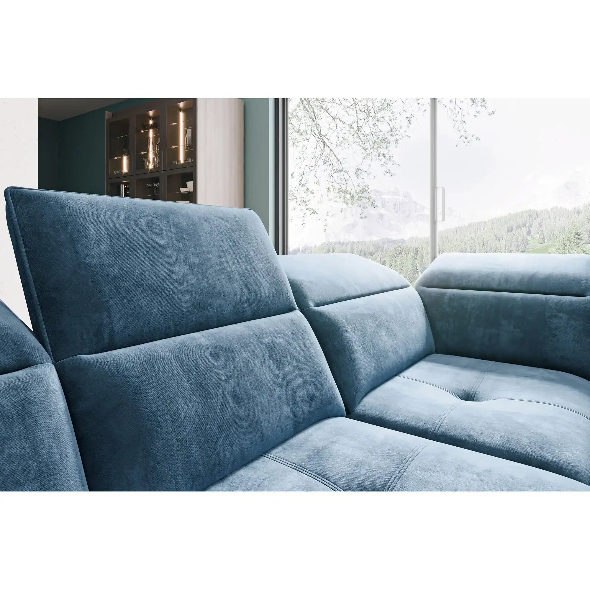 Coltar living in forma de U COLOMBO XL, sezlong dreapta, stofa catifelata gri - Salvador 14, Gama Premium, cu reglaj electric si lada depozitare, 376x227x103 cm