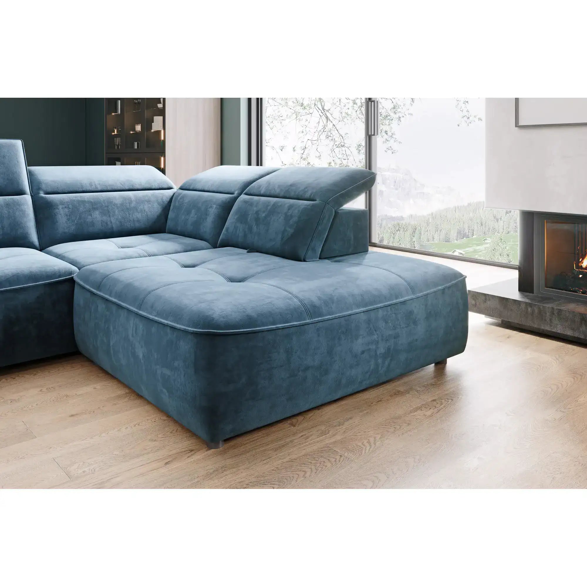 Coltar living in forma de U COLOMBO XL, sezlong dreapta, stofa catifelata gri - Salvador 14, Gama Premium, cu reglaj electric si lada depozitare, 376x227x103 cm