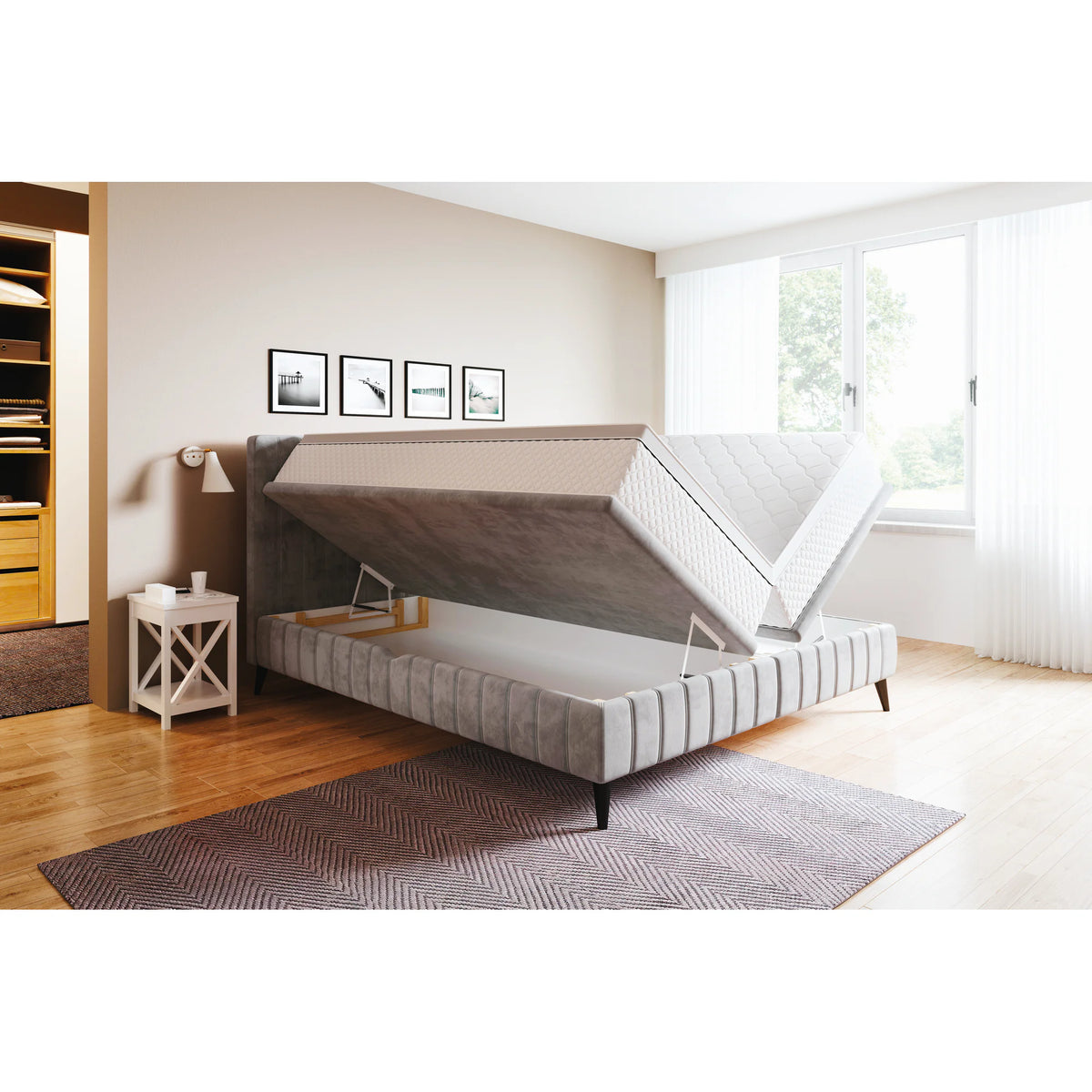 Pat CAYA 180x200, stofa catifelata bej - Whisper 03, Gama Premium, cu suport saltea, 2 lazi pentru depozitare si pistoane pe gaz