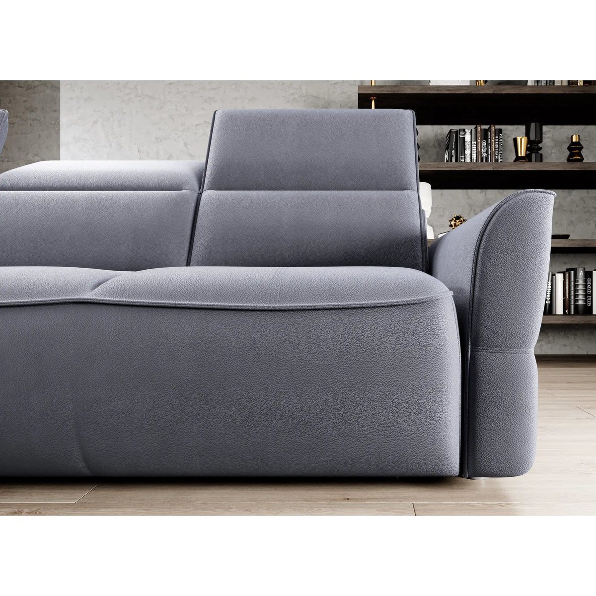 Coltar MURILLO MINI, sezlong stanga, stofa gri - Rosario 453, cu reglaj electric, tetiere reglabile si lada depozitare 260x175x87/100 cm