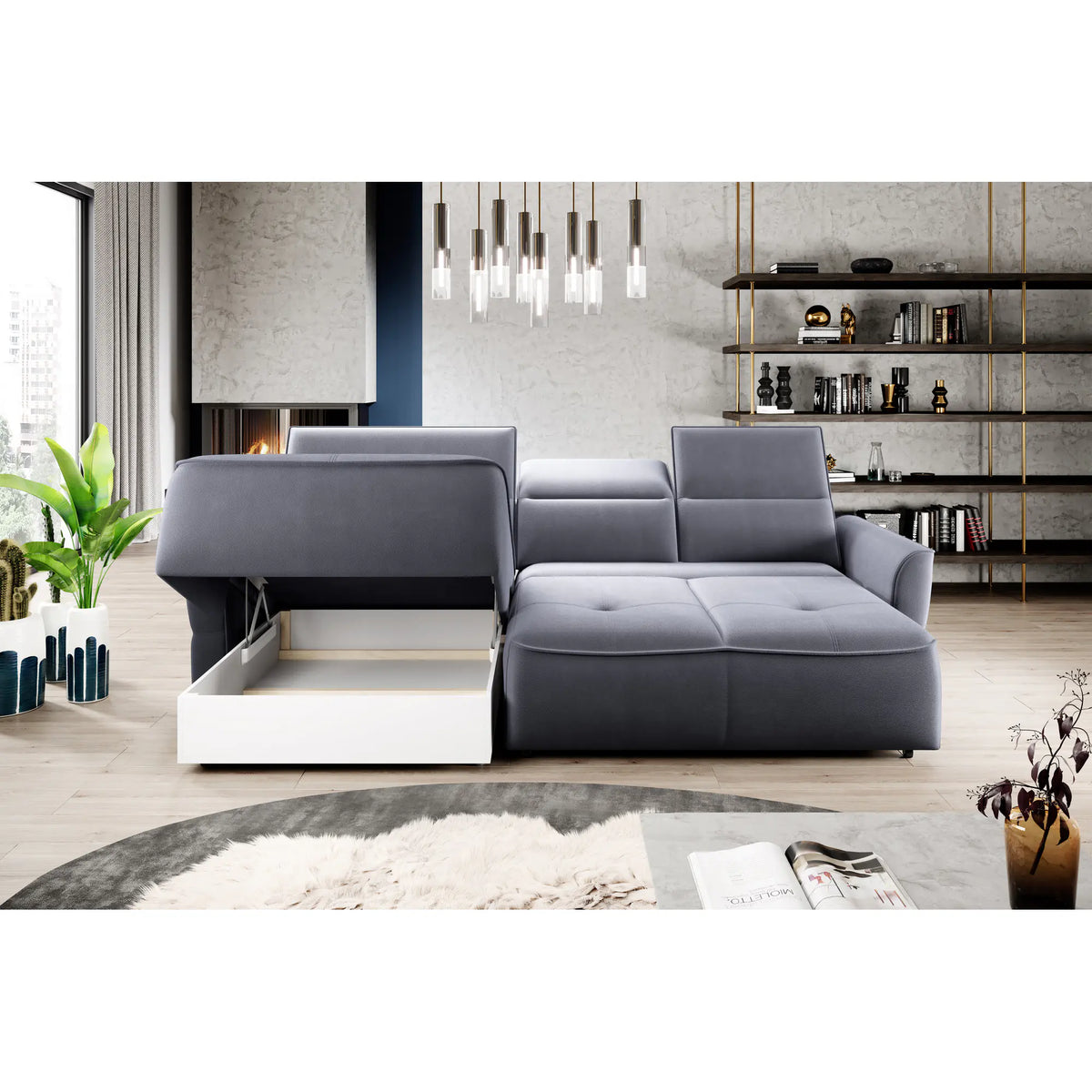 Coltar MURILLO MINI, sezlong stanga, stofa gri - Rosario 453, cu reglaj electric, tetiere reglabile si lada depozitare 260x175x87/100 cm