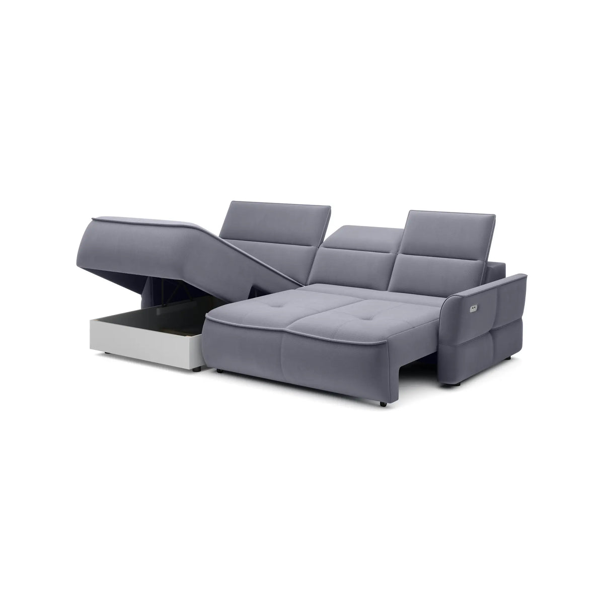 Coltar MURILLO MINI, sezlong stanga, stofa gri - Rosario 453, cu reglaj electric, tetiere reglabile si lada depozitare 260x175x87/100 cm