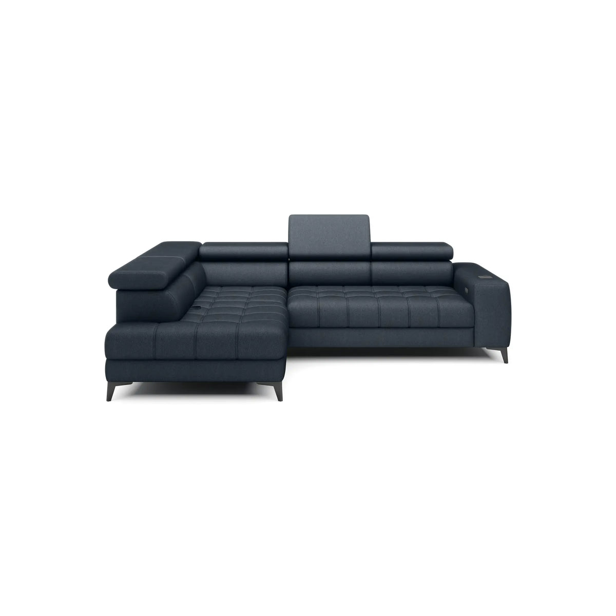 Coltar modern pentru living BAGGIO, sezlong stanga, stofa catifelata albastru - Whisper 12, Gama Premium, cu reglaj electric, incarcator wireless, 280x196x100 cm