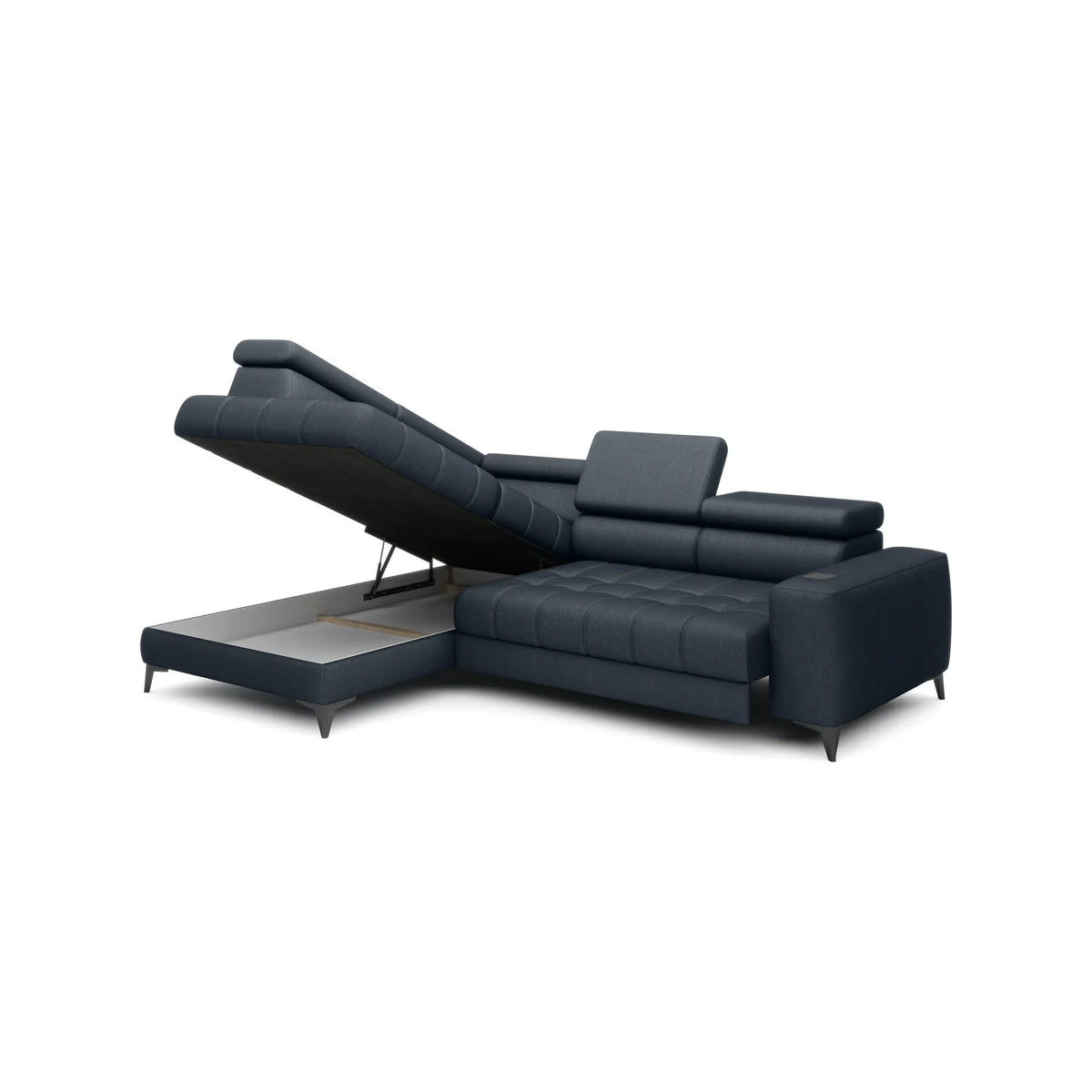 Coltar modern pentru living BAGGIO, sezlong stanga, stofa catifelata albastru - Whisper 12, Gama Premium, cu reglaj electric, incarcator wireless, 280x196x100 cm
