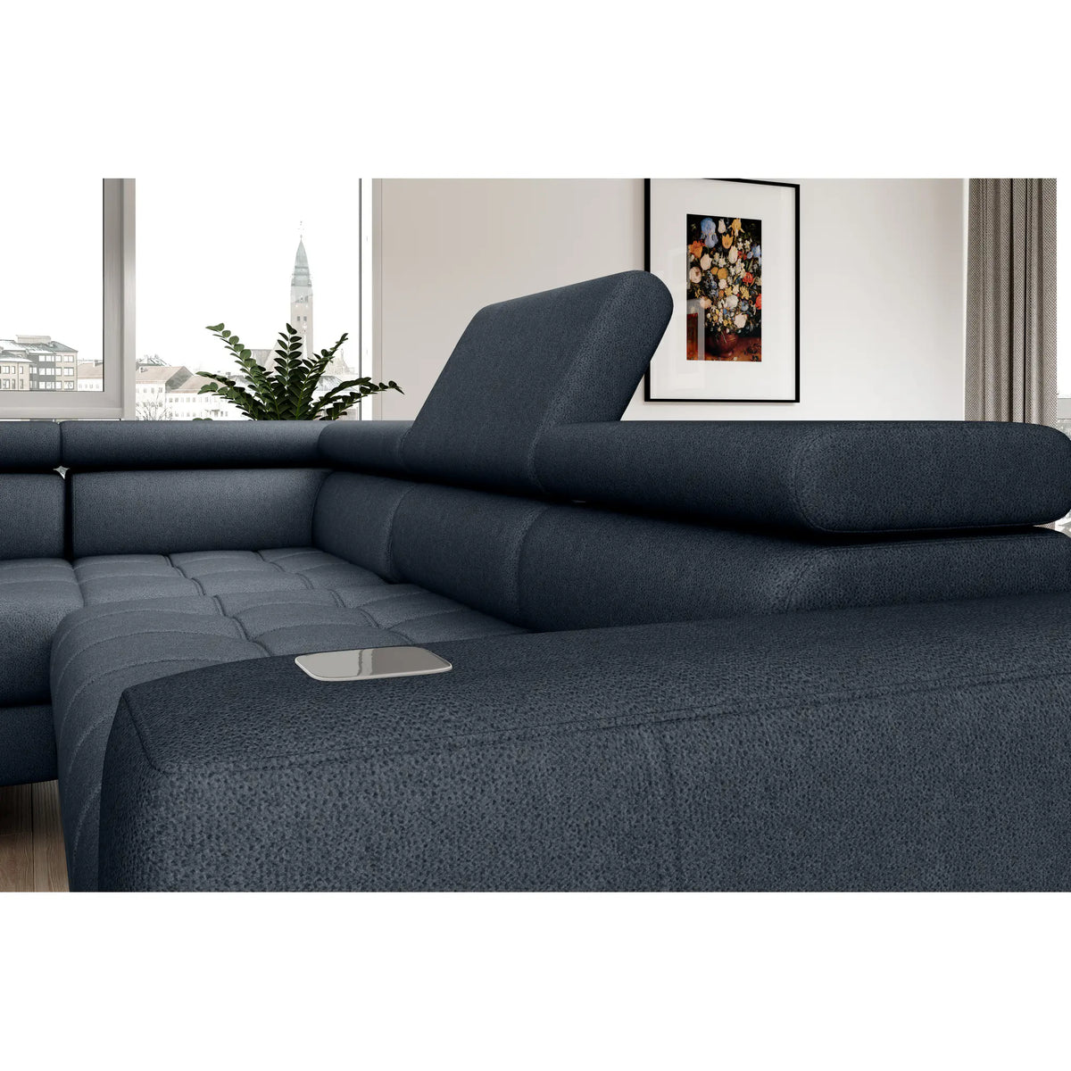 Coltar modern pentru living BAGGIO, sezlong stanga, stofa catifelata albastru - Whisper 12, Gama Premium, cu reglaj electric, incarcator wireless, 280x196x100 cm
