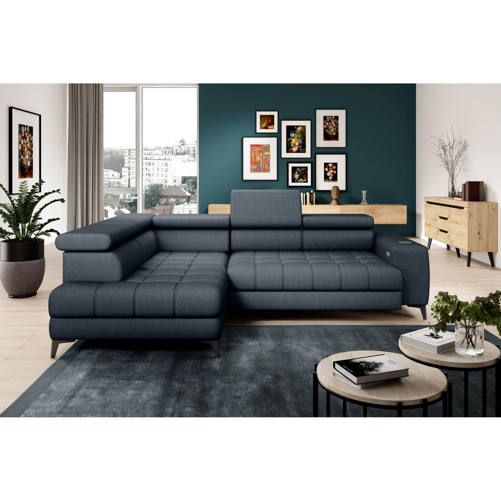 Coltar BAGGIO, sezlong stanga, stofa catifelata cappuccino - Poso 03, Gama Premium, cu reglaj electric, incarcator wireless, lada depozitare si tetiere reglabile, 280x196x100 cm